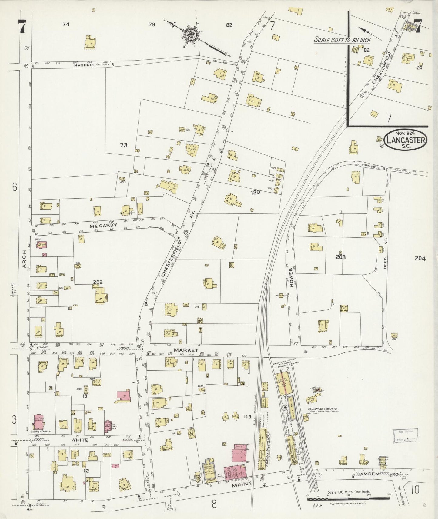 Sanborn Fire Insurance Map from Lancaster, Lancaster County, South Carolina (1924), Sheet #0007 - Complete Map Set gallery image, historic Sanborn map, vintage wall art, South Carolina South Carolina