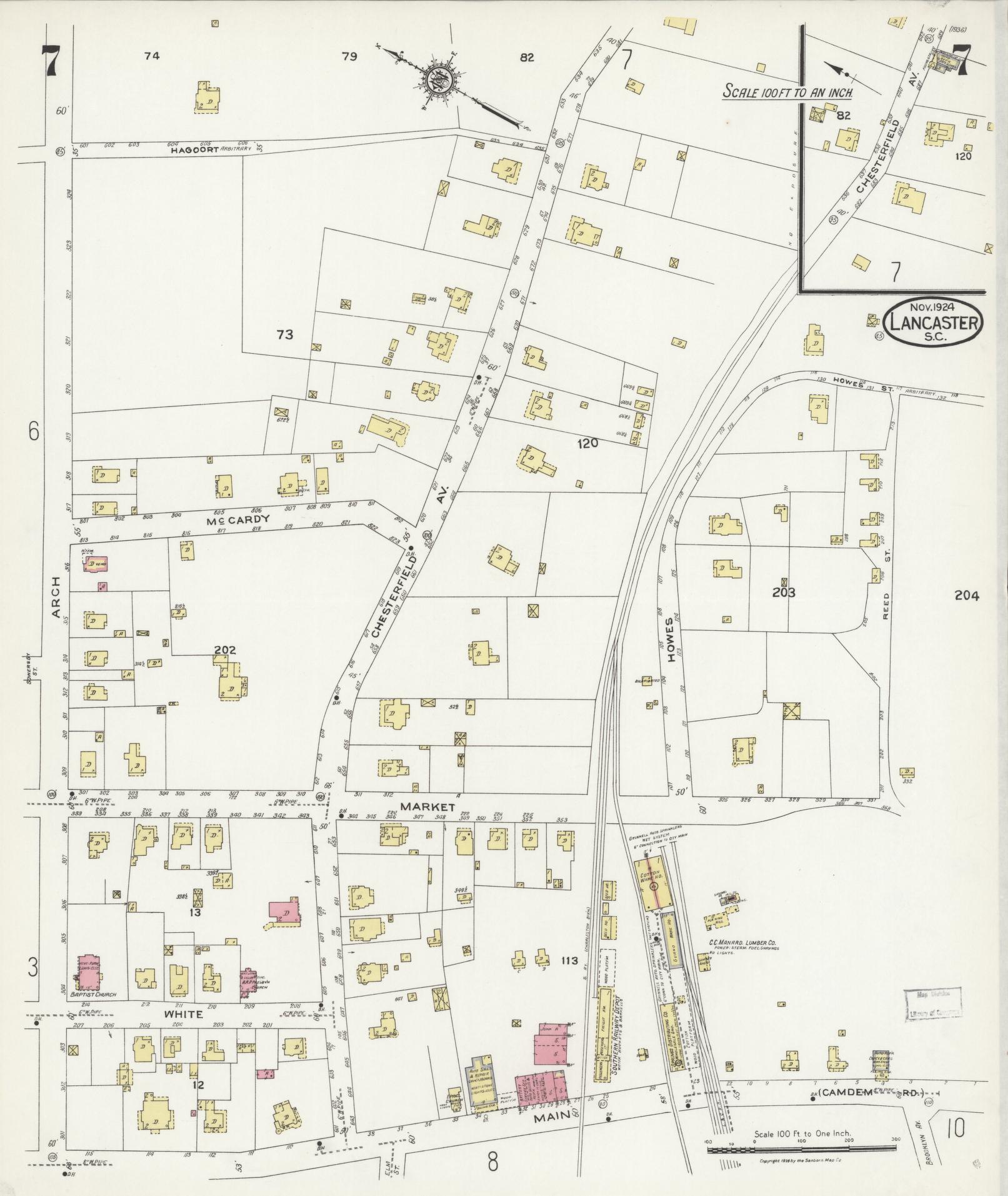 Sanborn Fire Insurance Map from Lancaster, Lancaster County, South Carolina (1924), Sheet #0007 - Complete Map Set gallery image, historic Sanborn map, vintage wall art, South Carolina South Carolina