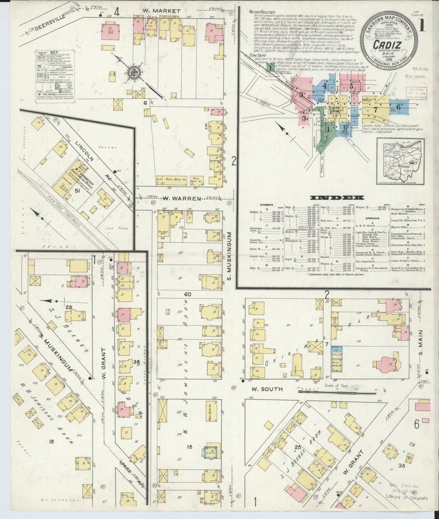 Sanborn Fire Insurance Map from Cadiz, Harrison County, Ohio (1916), Sheet #0001 - Historic Sanborn Fire Insurance Map Print, vintage old map wall art, antique decor, genealogy gift, Ohio Ohio map