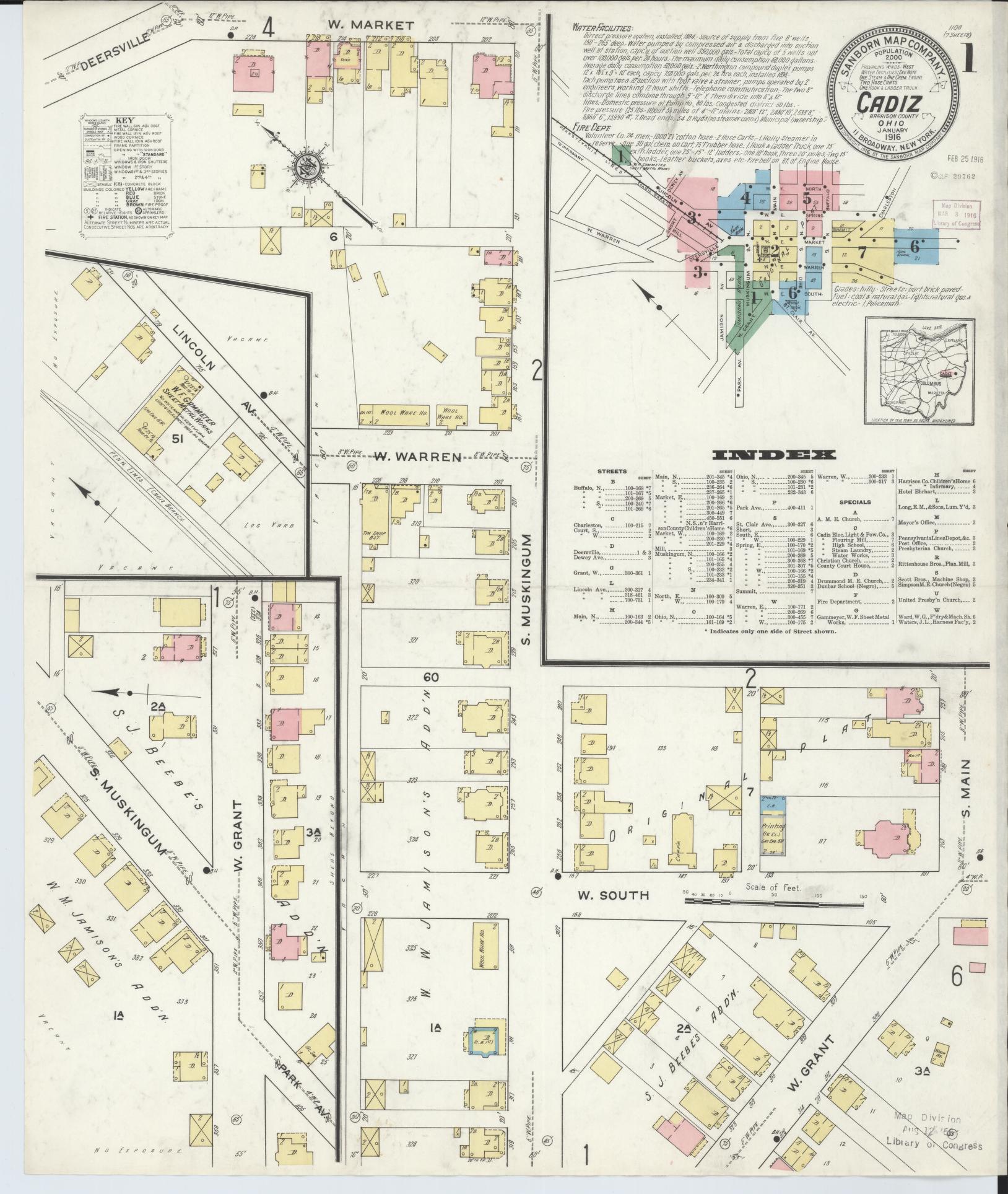 Sanborn Fire Insurance Map from Cadiz, Harrison County, Ohio (1916), Sheet #0001 - Historic Sanborn Fire Insurance Map Print, vintage old map wall art, antique decor, genealogy gift, Ohio Ohio map