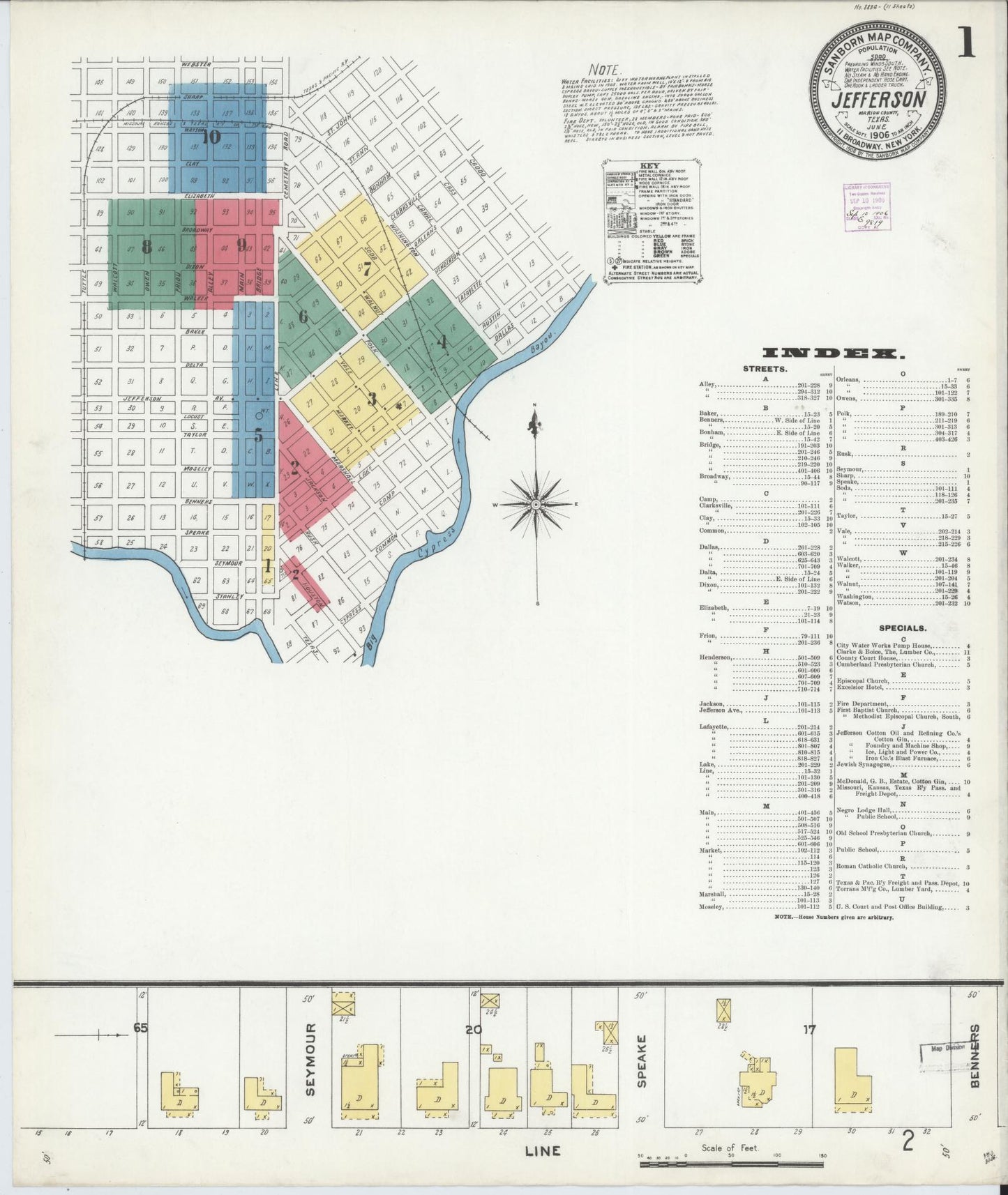 Sanborn Fire Insurance Map from Jefferson, Marion County, Texas (1906), Sheet #0001 - Historic Sanborn Fire Insurance Map Print, vintage old map wall art, antique decor, genealogy gift, Texas Texas map