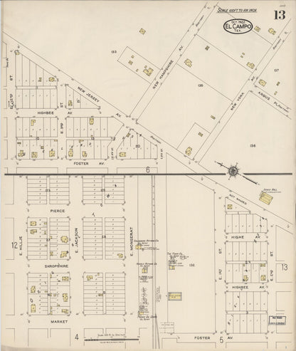 Sanborn Fire Insurance Map from El Campo, Wharton County, Texas (1922), Sheet #0013 - Historic Sanborn Fire Insurance Map Print, vintage old map wall art, antique decor, genealogy gift, Texas Texas map
