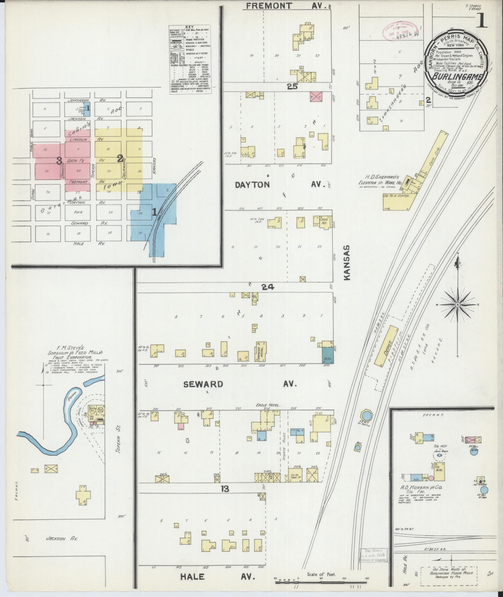Sanborn Fire Insurance Map from Burlingame, Osage County, Kansas (1891), Sheet #0001 - Complete Map Set gallery image, historic Sanborn map, vintage wall art, Kansas Kansas