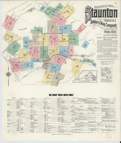 Sanborn Fire Insurance Map from Staunton, Independent Cities, Virginia (1914), Sheet #0001 - Historic Sanborn Fire Insurance Map Print, vintage old map wall art, antique decor, genealogy gift, Virginia Virginia map