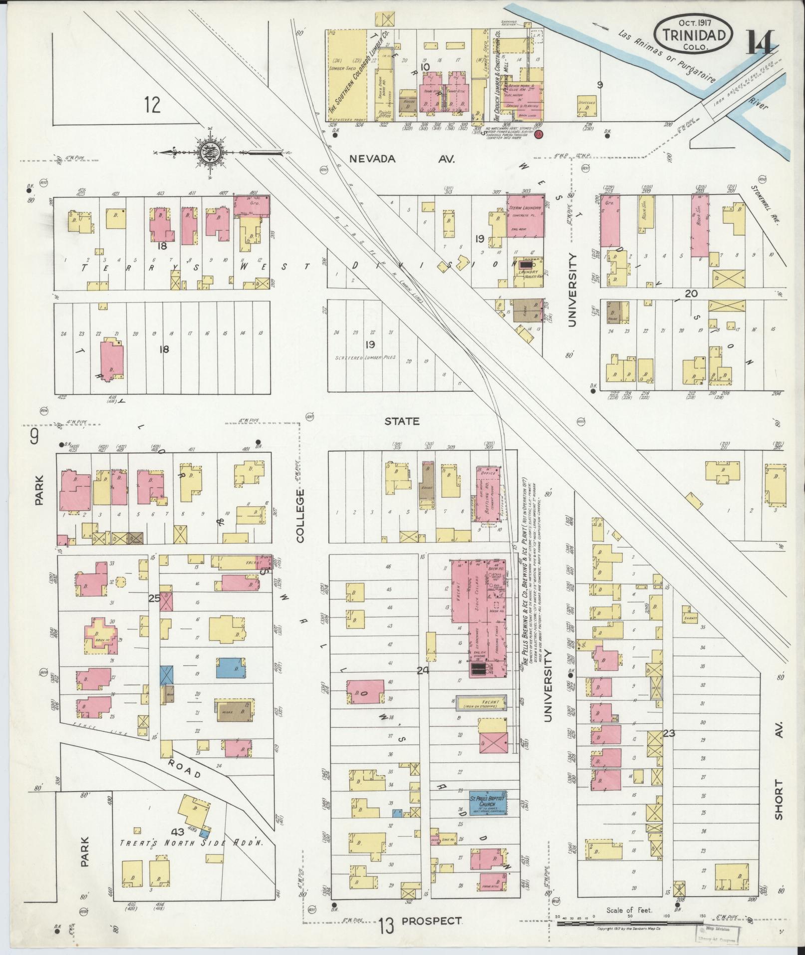 Sanborn Fire Insurance Map from Trinidad, Las Animas County, Colorado (1917), Sheet #0014 - Complete Map Set gallery image, historic Sanborn map, vintage wall art, Colorado Colorado