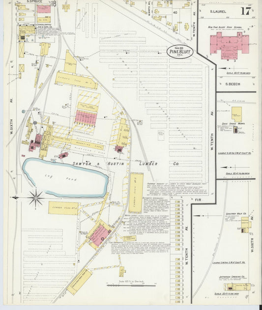 Sanborn Fire Insurance Map from Pine Bluff, Jefferson County, Arkansas (1908), Sheet #0017 - Historic Sanborn Fire Insurance Map Print, vintage old map wall art, antique decor, genealogy gift, Arkansas Arkansas map