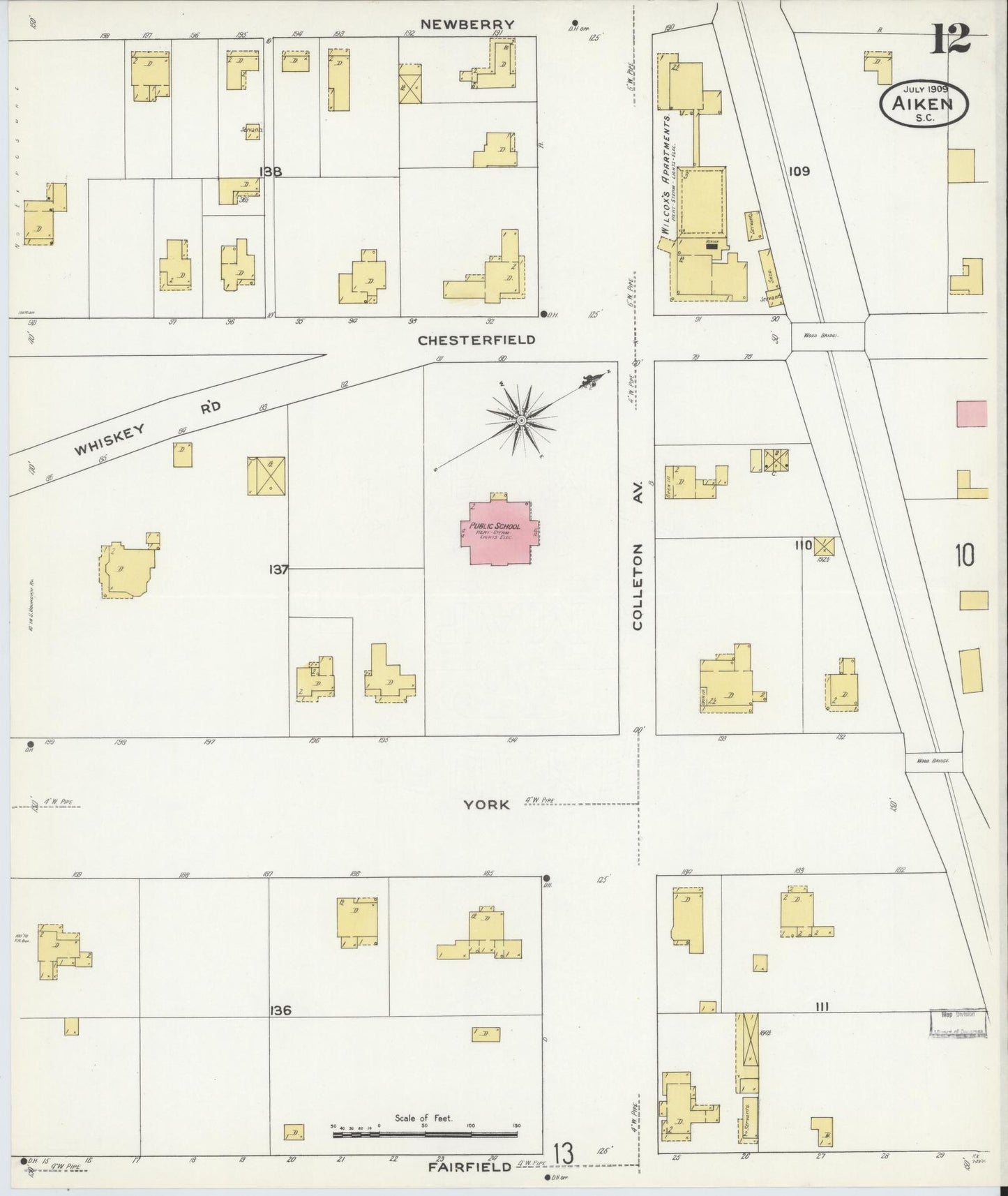 Sanborn Fire Insurance Map from Aiken, Aiken County, South Carolina (1909), Sheet #0012 - Complete Map Set gallery image, historic Sanborn map, vintage wall art, South Carolina South Carolina