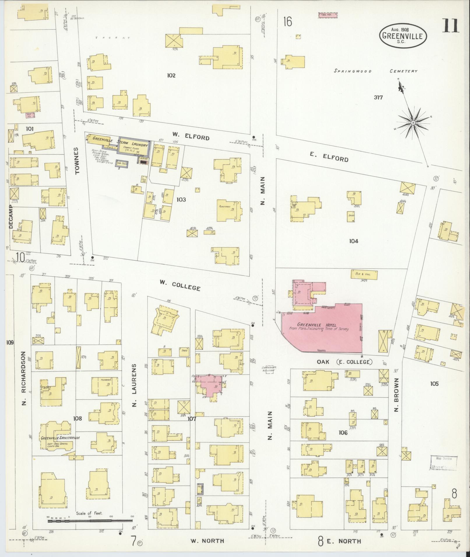 Sanborn Fire Insurance Map from Greenville, Greenville County, South Carolina (1908), Sheet #0011 - Historic Sanborn Fire Insurance Map Print, vintage old map wall art, antique decor, genealogy gift, South Carolina South Carolina map