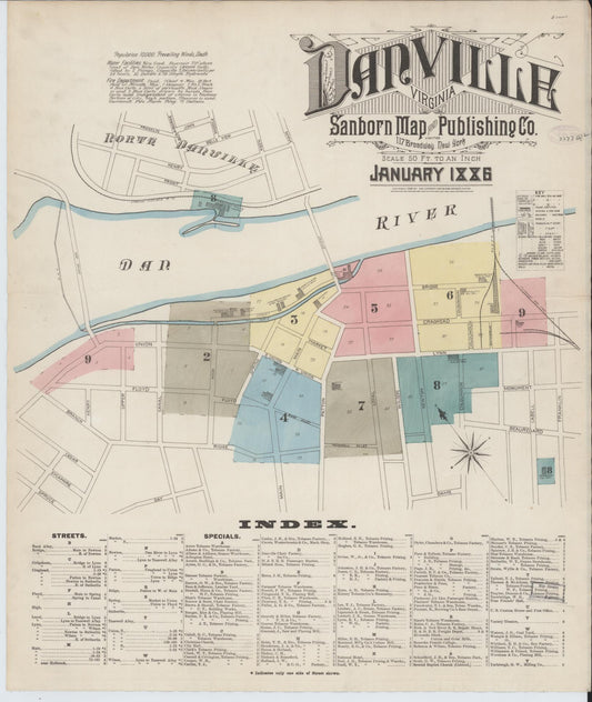 Sanborn Fire Insurance Map from Danville, Independent Cities, Virginia (1886), Sheet #0001 - Complete Map Set gallery image, historic Sanborn map, vintage wall art, Virginia Virginia