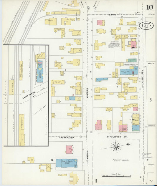 Sanborn Fire Insurance Map from Bath, Steuben County, New York (1904), Sheet #0010 - Historic Sanborn Fire Insurance Map Print, vintage old map wall art, antique decor, genealogy gift, New York New York map