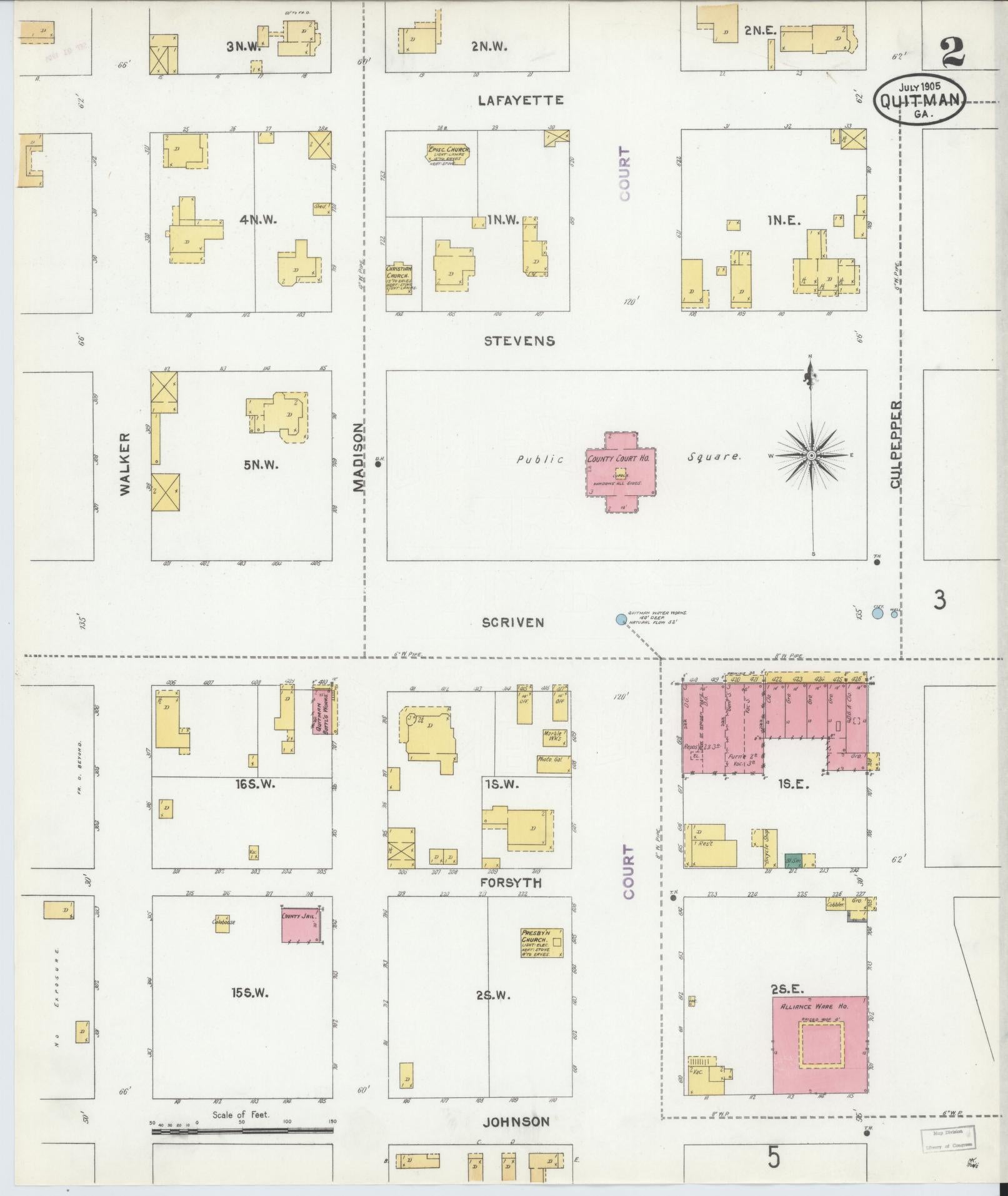 Sanborn Fire Insurance Map from Quitman, Brooks County, Georgia (1905), Sheet #0002 - Historic Sanborn Fire Insurance Map Print, vintage old map wall art, antique decor, genealogy gift, Georgia Georgia map