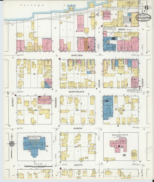 Sanborn Fire Insurance Map from Houghton, Houghton County, Michigan (1917), Sheet #0006 - Historic Sanborn Fire Insurance Map Print, vintage old map wall art, antique decor, genealogy gift, Michigan Michigan map