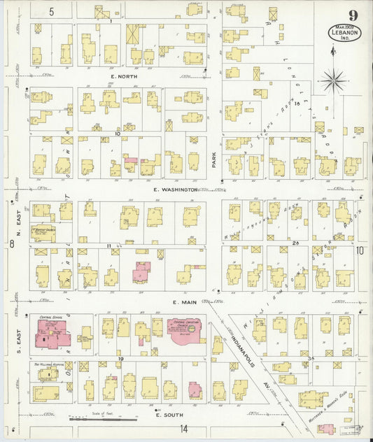 Sanborn Fire Insurance Map from Lebanon, Boone County, Indiana (1909), Sheet #0009 - Historic Sanborn Fire Insurance Map Print, vintage old map wall art, antique decor, genealogy gift, Indiana Indiana map