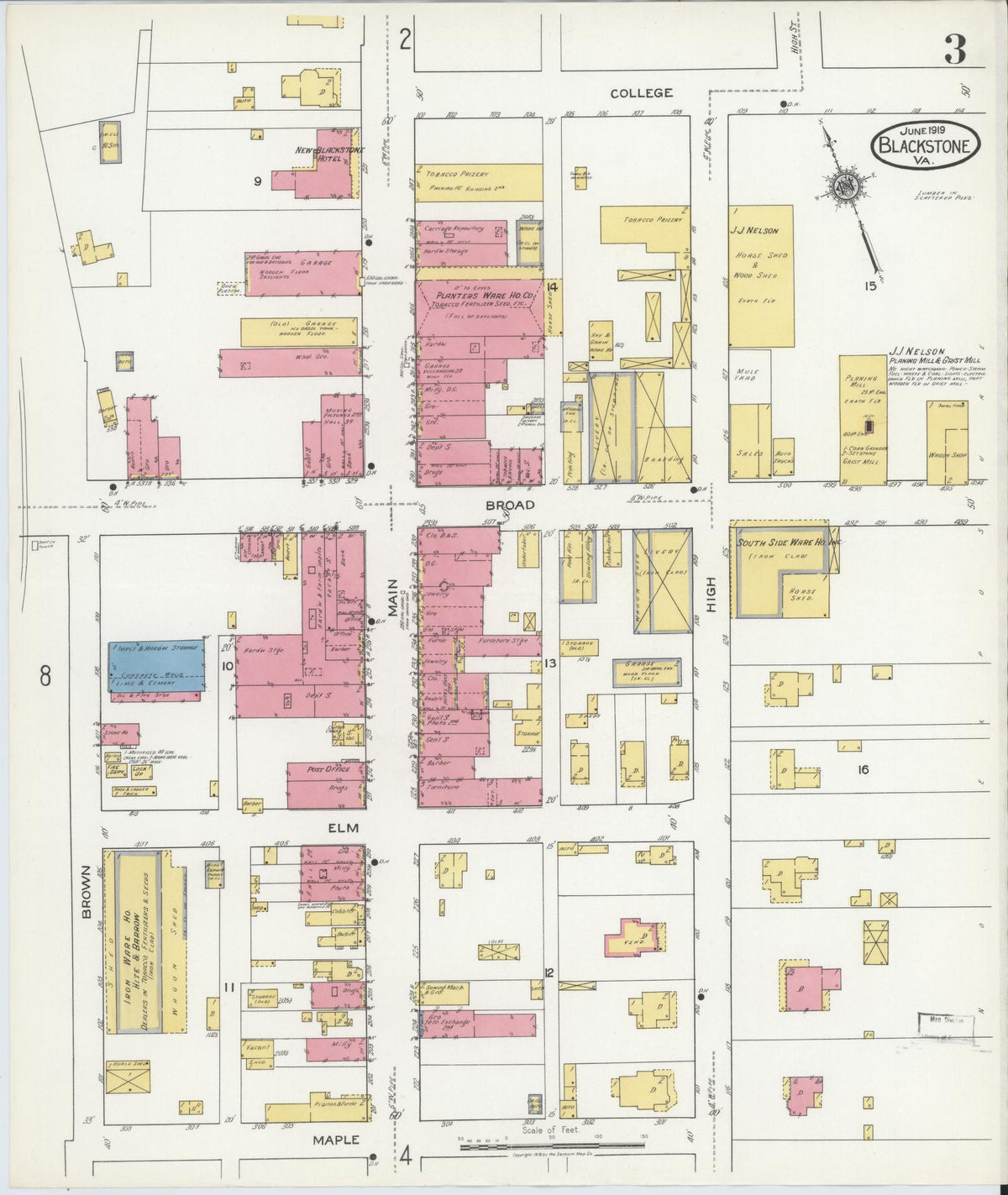 Sanborn Fire Insurance Map from Blackstone, Nottoway County, Virginia (1919), Sheet #0003 - Complete Map Set gallery image, historic Sanborn map, vintage wall art, Virginia Virginia