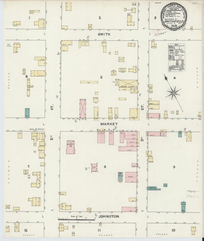 Sanborn Fire Insurance Map from Smithfield, Johnston County, North Carolina (1891), Sheet #0001 - Historic Sanborn Fire Insurance Map Print, vintage old map wall art, antique decor, genealogy gift, North Carolina North Carolina map