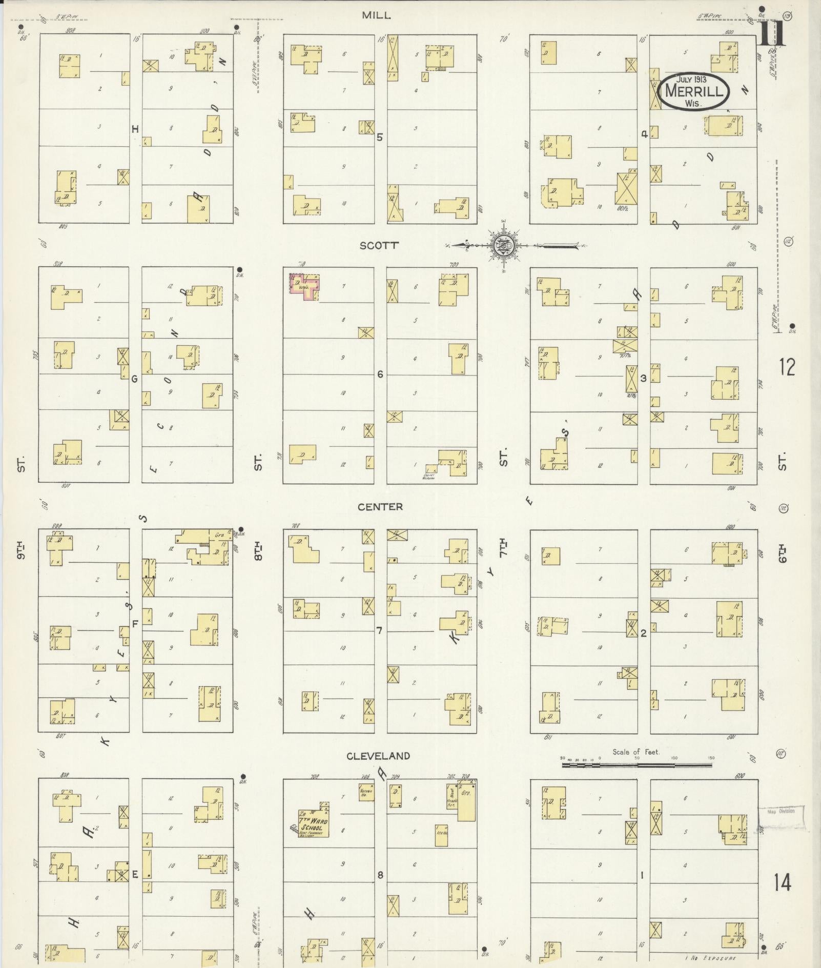 Sanborn Fire Insurance Map from Merrill, Lincoln County, Wisconsin (1913), Sheet #0011 - Historic Sanborn Fire Insurance Map Print, vintage old map wall art, antique decor, genealogy gift, Wisconsin Wisconsin map