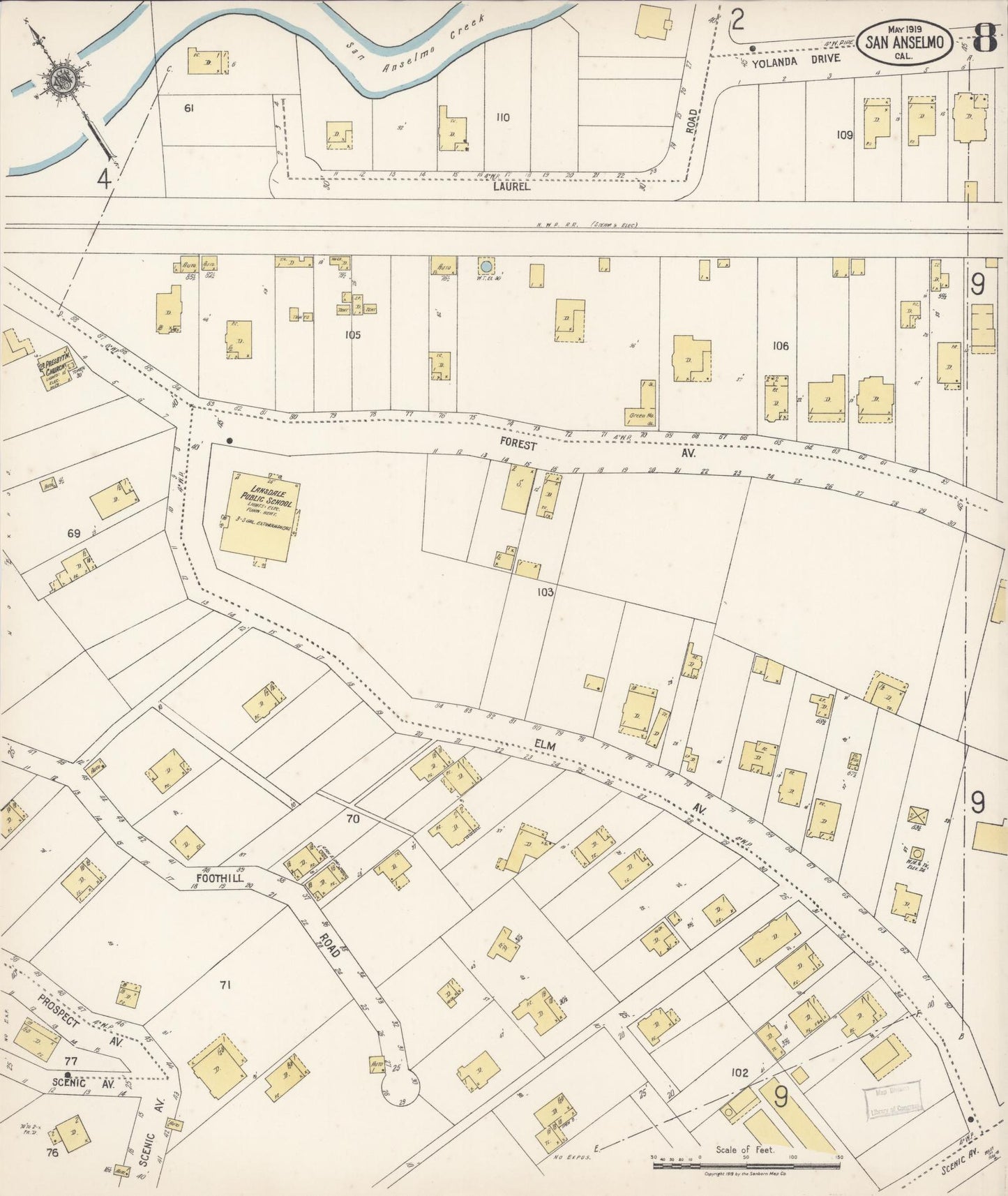 Sanborn Fire Insurance Map from San Anselmo, Marin County, California (1919), Sheet #0008 - Complete Map Set gallery image, historic Sanborn map, vintage wall art, California California