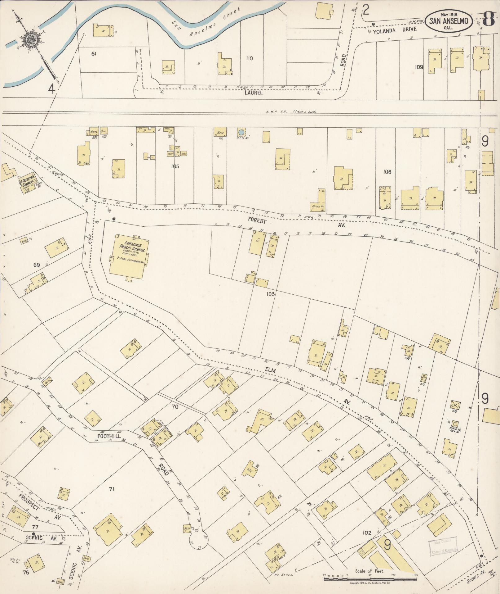 Sanborn Fire Insurance Map from San Anselmo, Marin County, California (1919), Sheet #0008 - Complete Map Set gallery image, historic Sanborn map, vintage wall art, California California