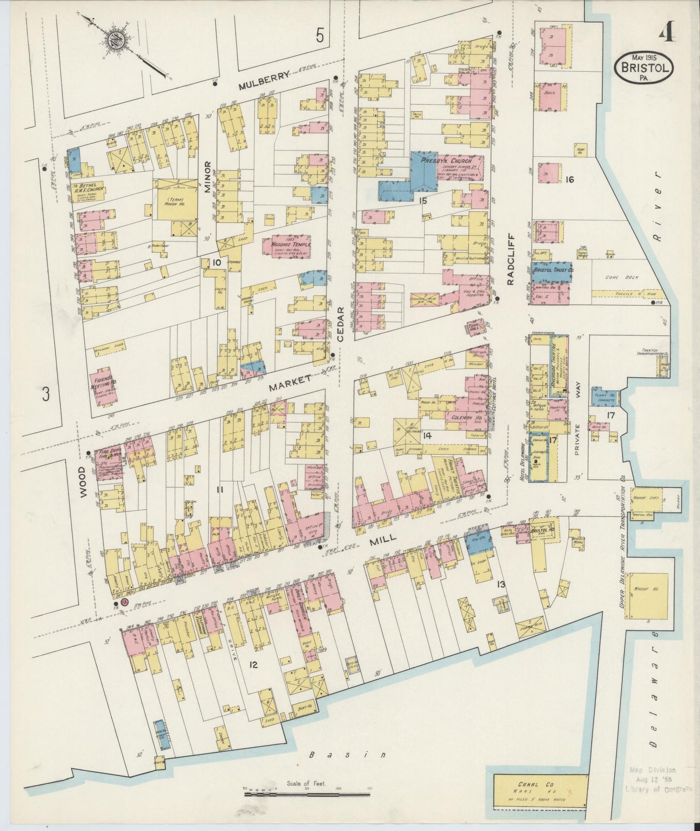 Sanborn Fire Insurance Map from Bristol, Bucks County, Pennsylvania (1915), Sheet #0004 - Historic Sanborn Fire Insurance Map Print, vintage old map wall art, antique decor, genealogy gift, Pennsylvania Pennsylvania map