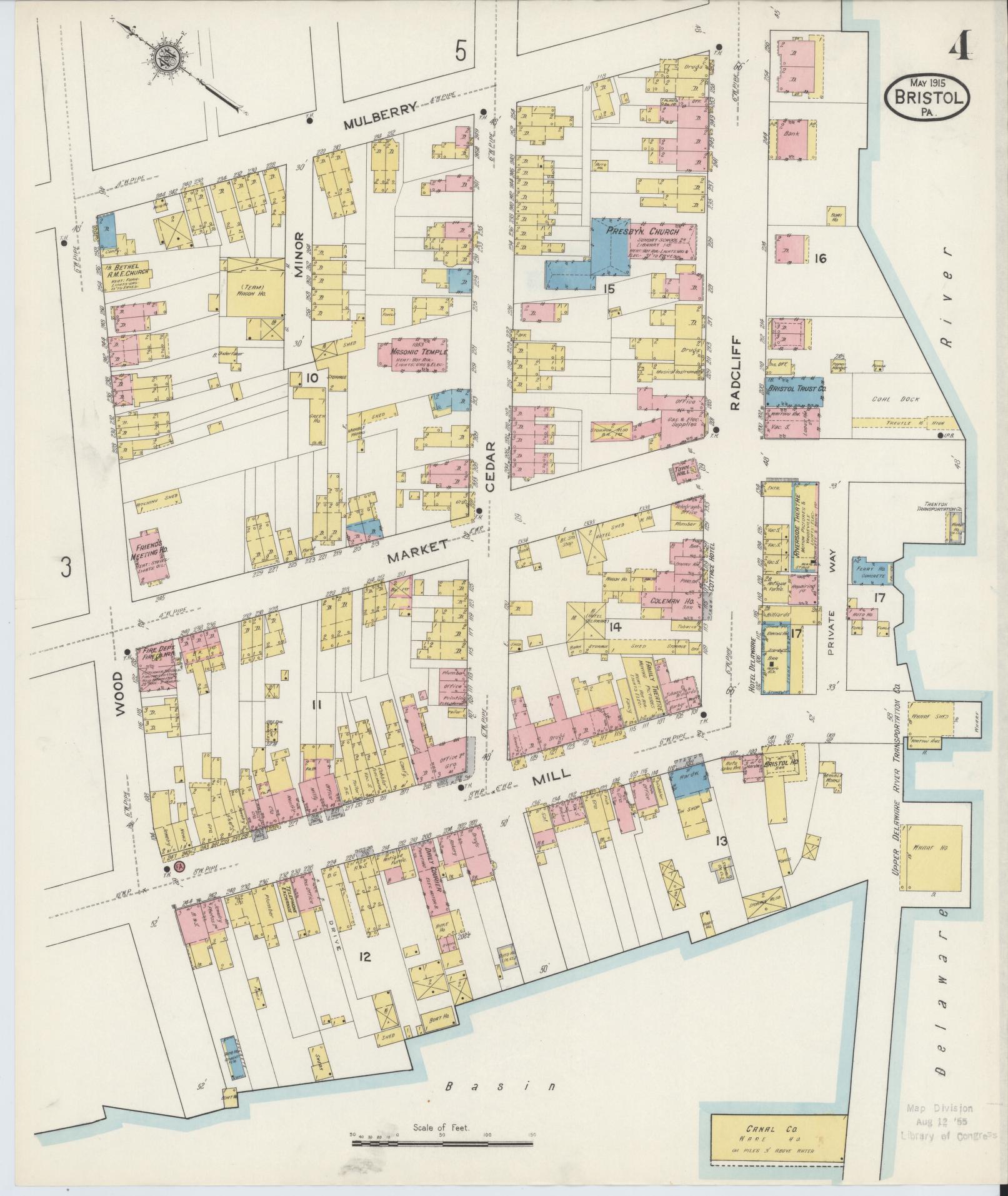 Sanborn Fire Insurance Map from Bristol, Bucks County, Pennsylvania (1915), Sheet #0004 - Historic Sanborn Fire Insurance Map Print, vintage old map wall art, antique decor, genealogy gift, Pennsylvania Pennsylvania map
