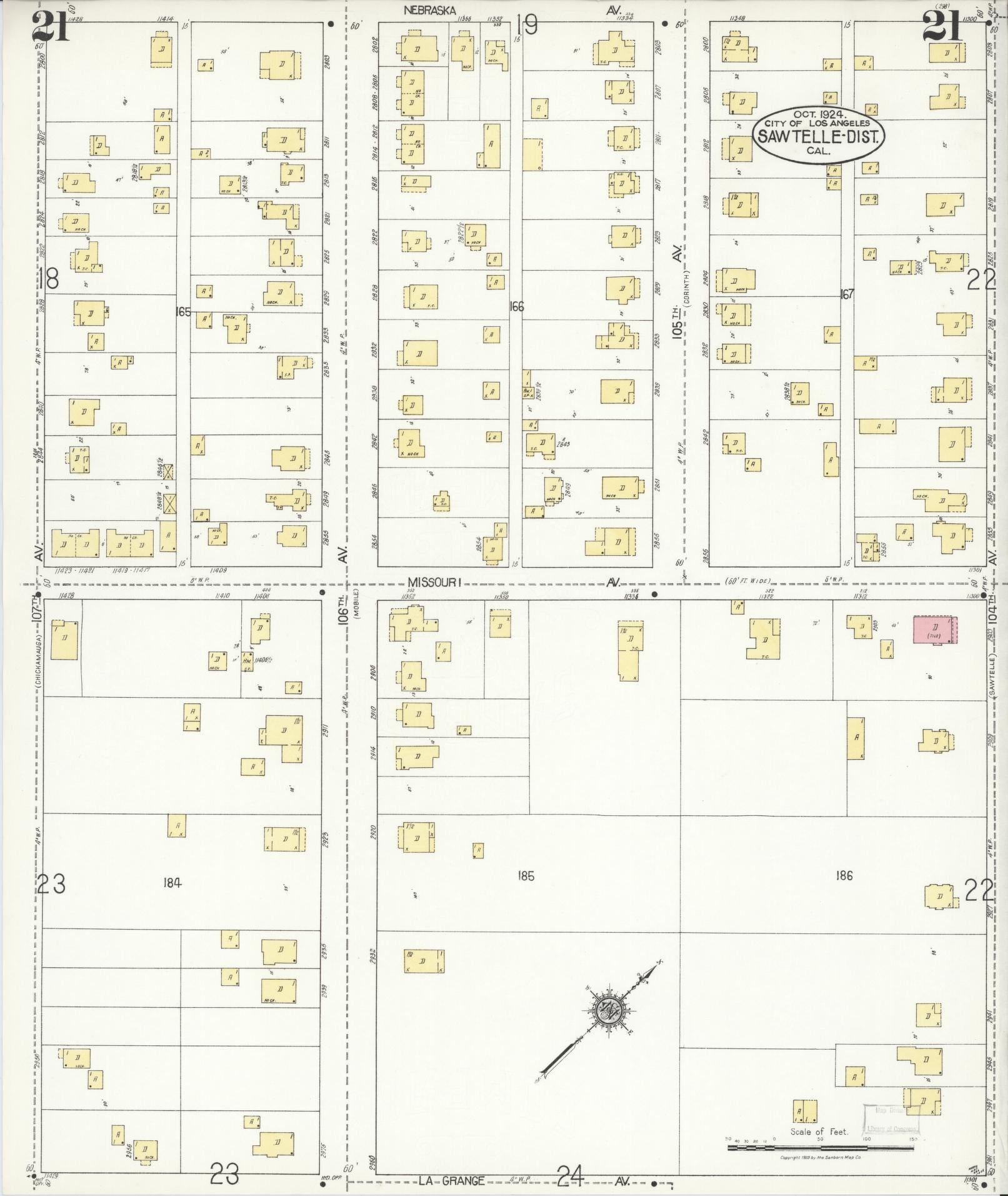 Sanborn Fire Insurance Map from Sawtelle, Los Angeles County, California (1924), Sheet #0021 - Complete Map Set gallery image, historic Sanborn map, vintage wall art, California California