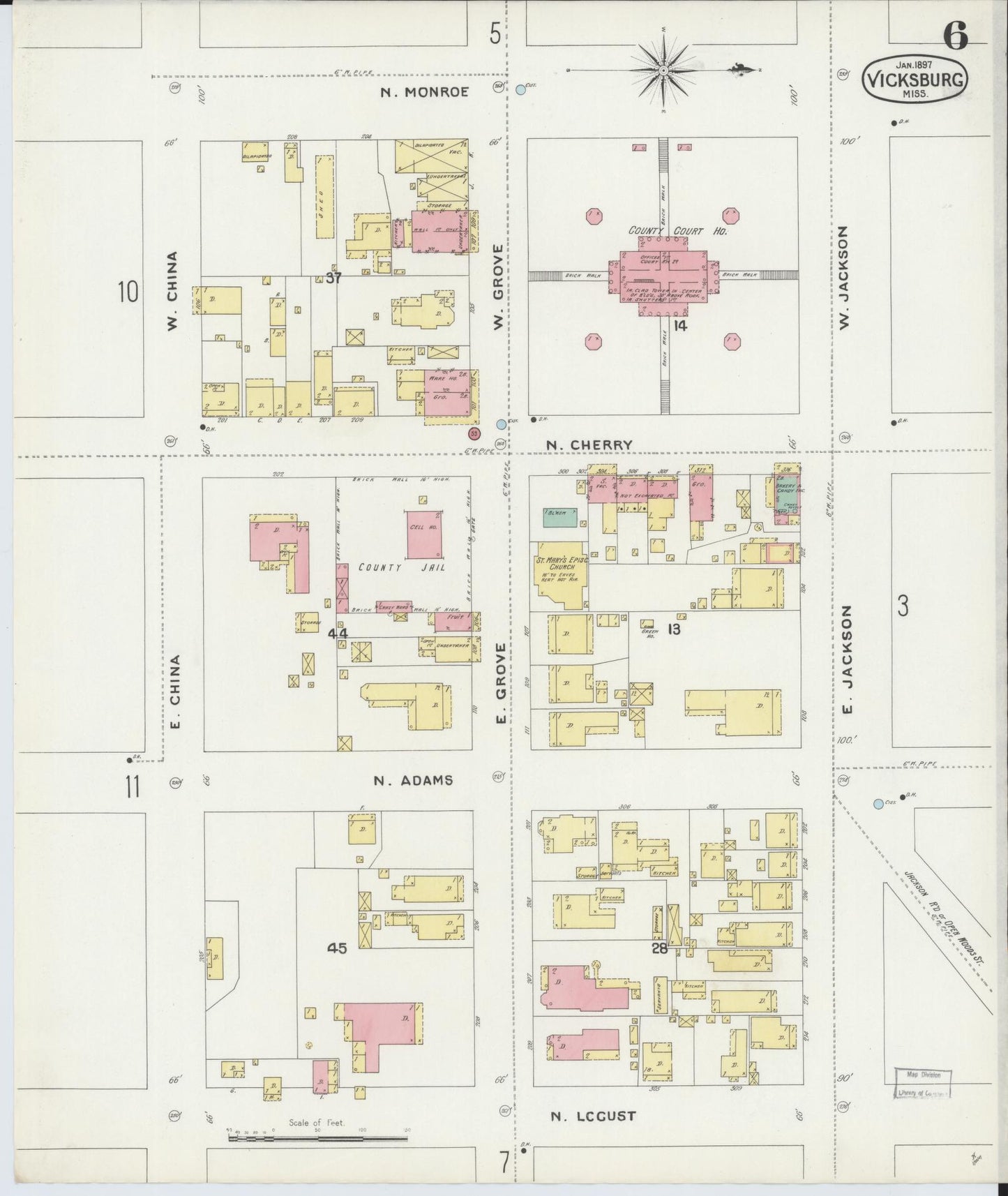 Sanborn Fire Insurance Map from Vicksburg, Warren County, Mississippi (1897), Sheet #0006 - Historic Sanborn Fire Insurance Map Print, vintage old map wall art, antique decor, genealogy gift, Mississippi Mississippi map