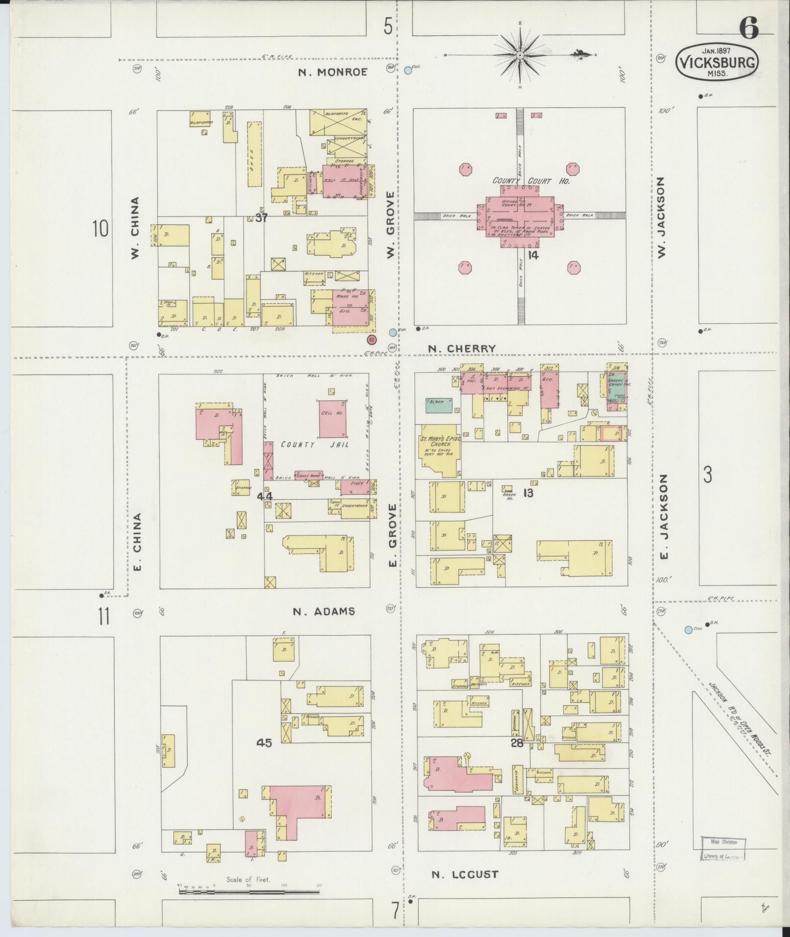 Sanborn Fire Insurance Map from Vicksburg, Warren County, Mississippi (1897), Sheet #0006 - Historic Sanborn Fire Insurance Map Print, vintage old map wall art, antique decor, genealogy gift, Mississippi Mississippi map