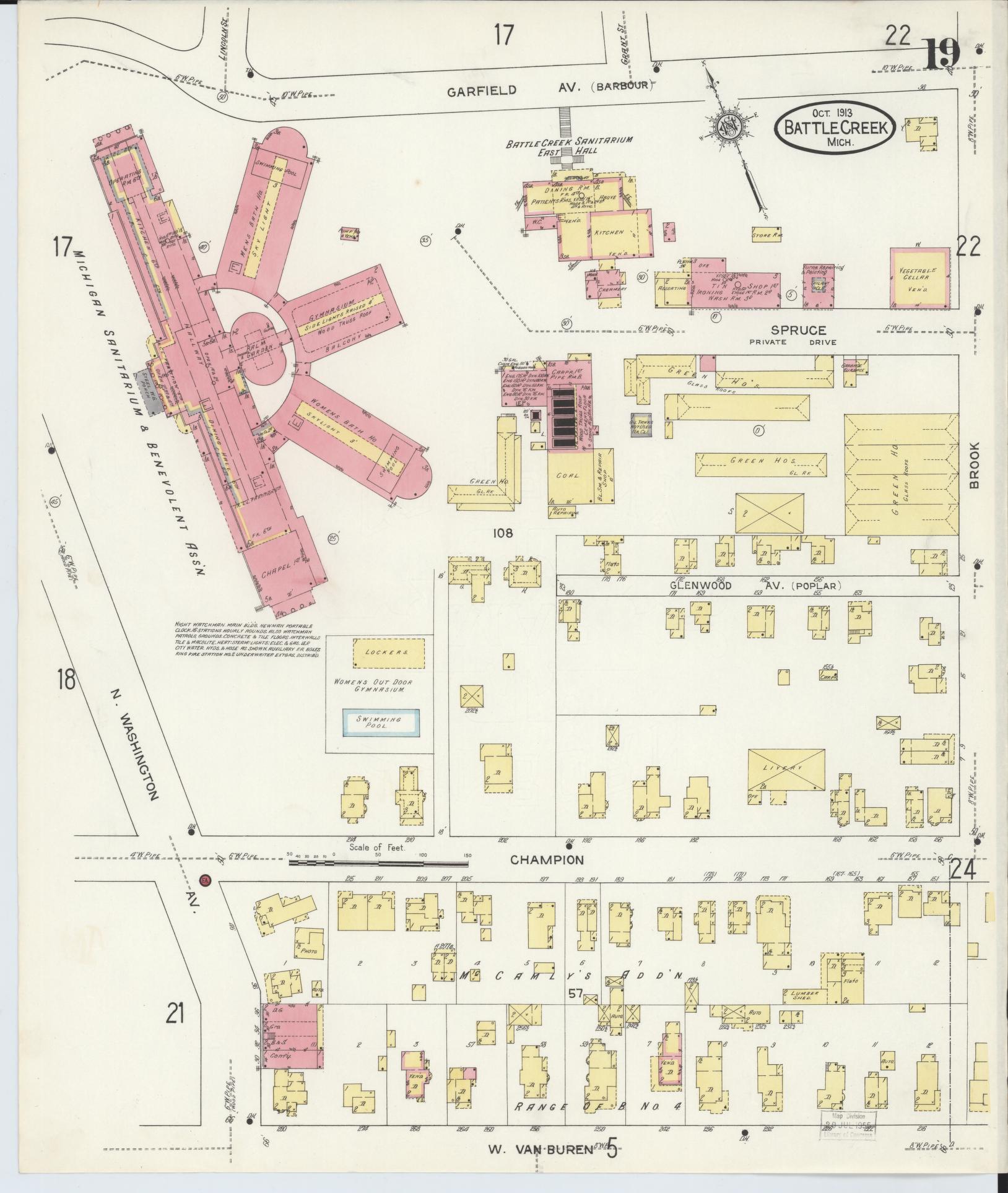 Sanborn Fire Insurance Map from Battle Creek, Calhoun County, Michigan (1913), Sheet #0019 - Complete Map Set gallery image, historic Sanborn map, vintage wall art, Michigan Michigan