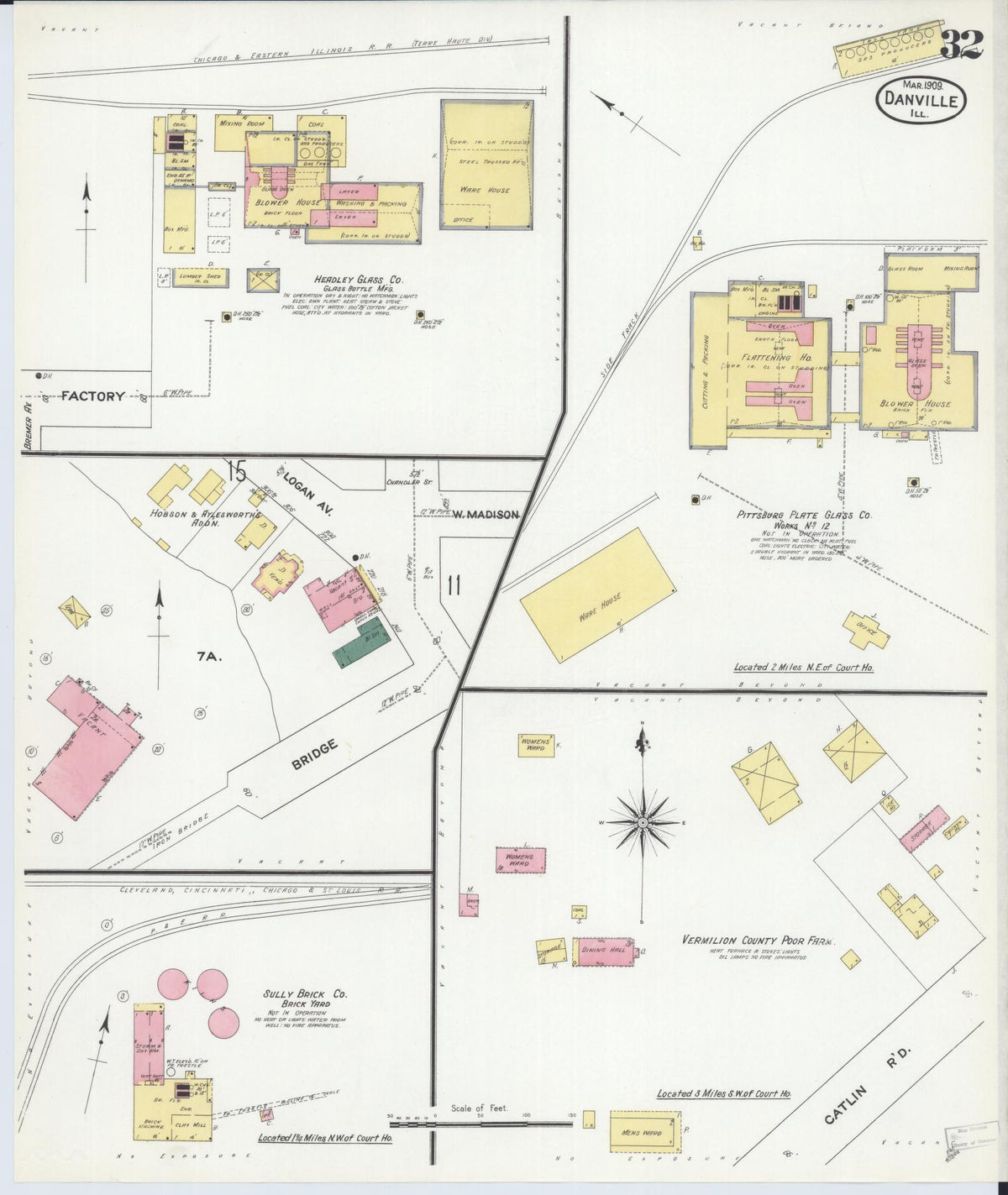 Sanborn Fire Insurance Map from Danville, Vermilion County, Illinois (1909), Sheet #0032 - Historic Sanborn Fire Insurance Map Print, vintage old map wall art, antique decor, genealogy gift, Illinois Illinois map