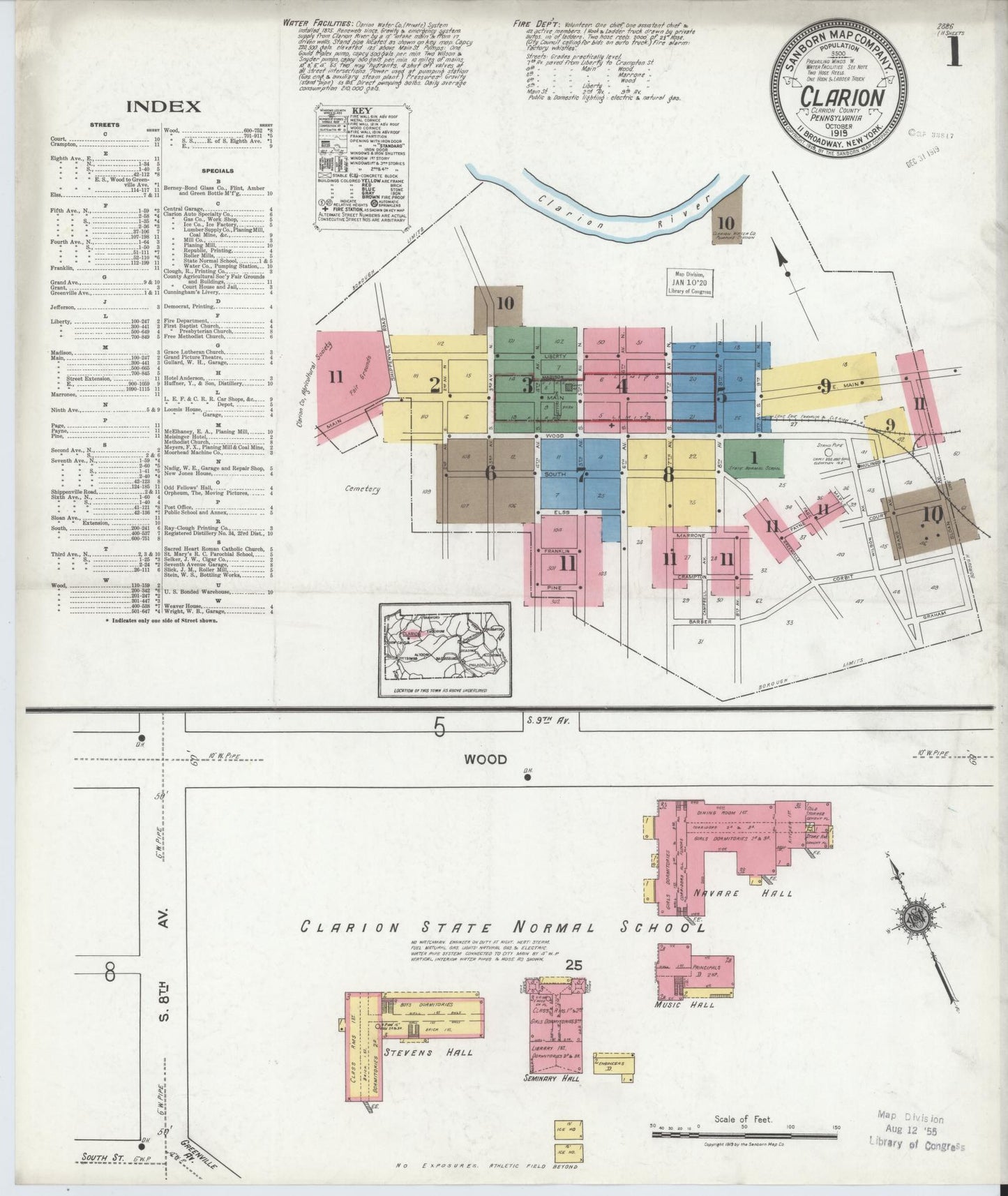 Sanborn Fire Insurance Map from Clarion, Clarion County, Pennsylvania (1919), Sheet #0001 - Historic Sanborn Fire Insurance Map Print, vintage old map wall art, antique decor, genealogy gift, Pennsylvania Pennsylvania map