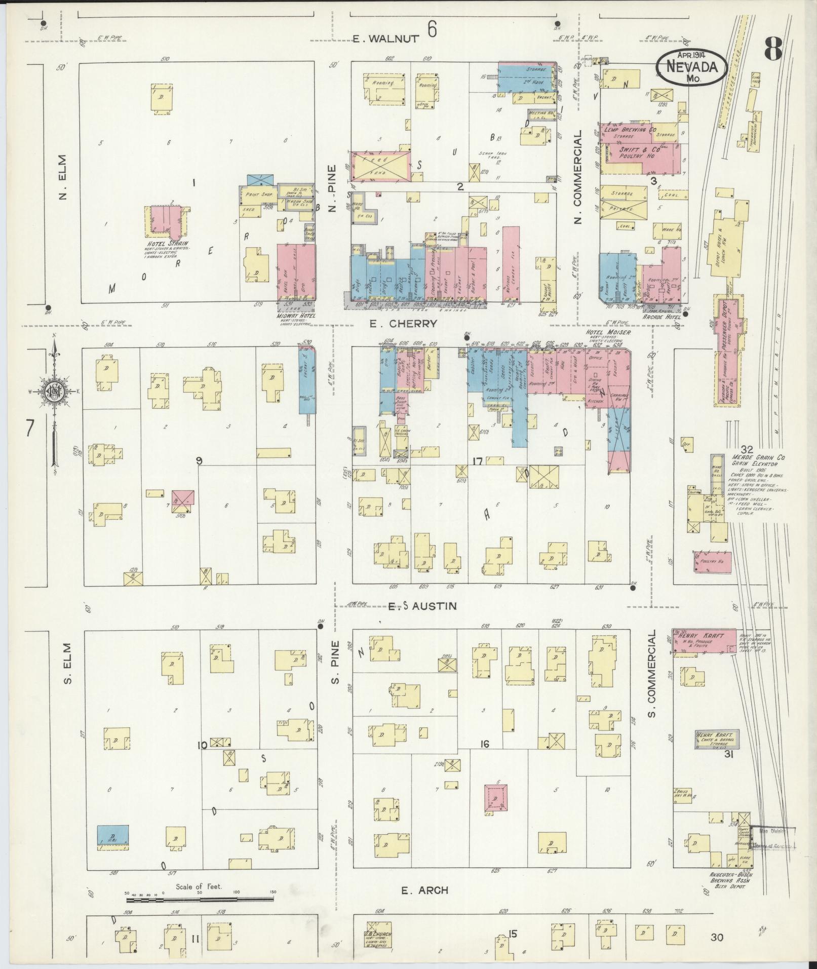 Sanborn Fire Insurance Map from Nevada, Vernon County, Missouri (1914), Sheet #0008 - Historic Sanborn Fire Insurance Map Print, vintage old map wall art, antique decor, genealogy gift, Nevada Nevada map