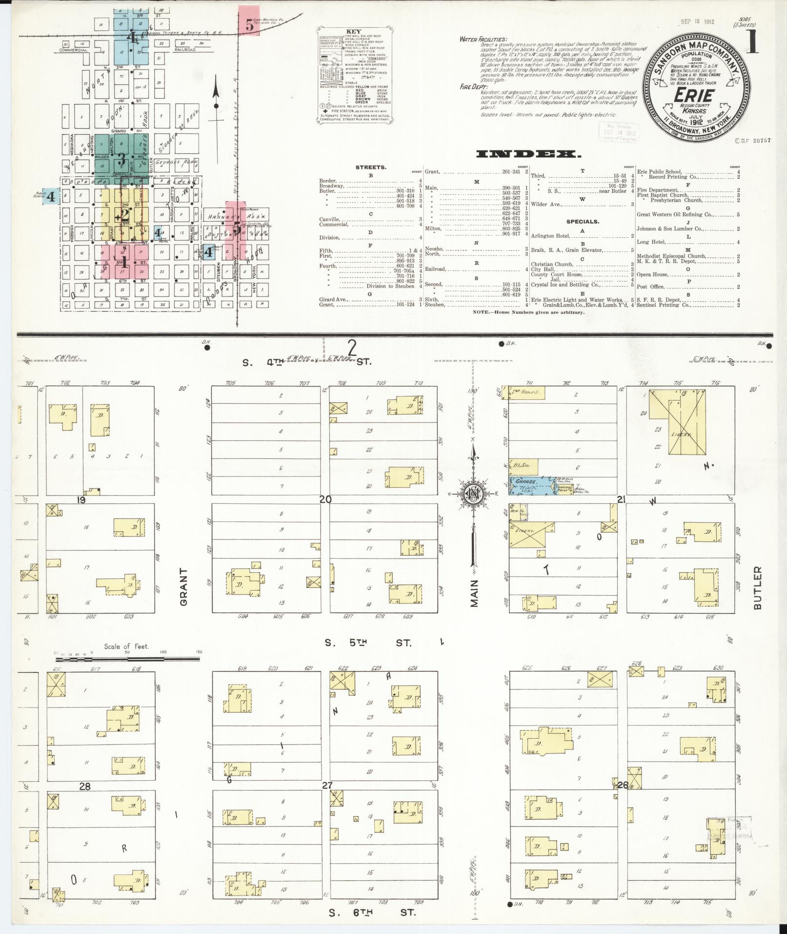 Sanborn Fire Insurance Map from Erie, Neosho County, Kansas (1912), Sheet #0001 - Complete Map Set gallery image, historic Sanborn map, vintage wall art, Kansas Kansas