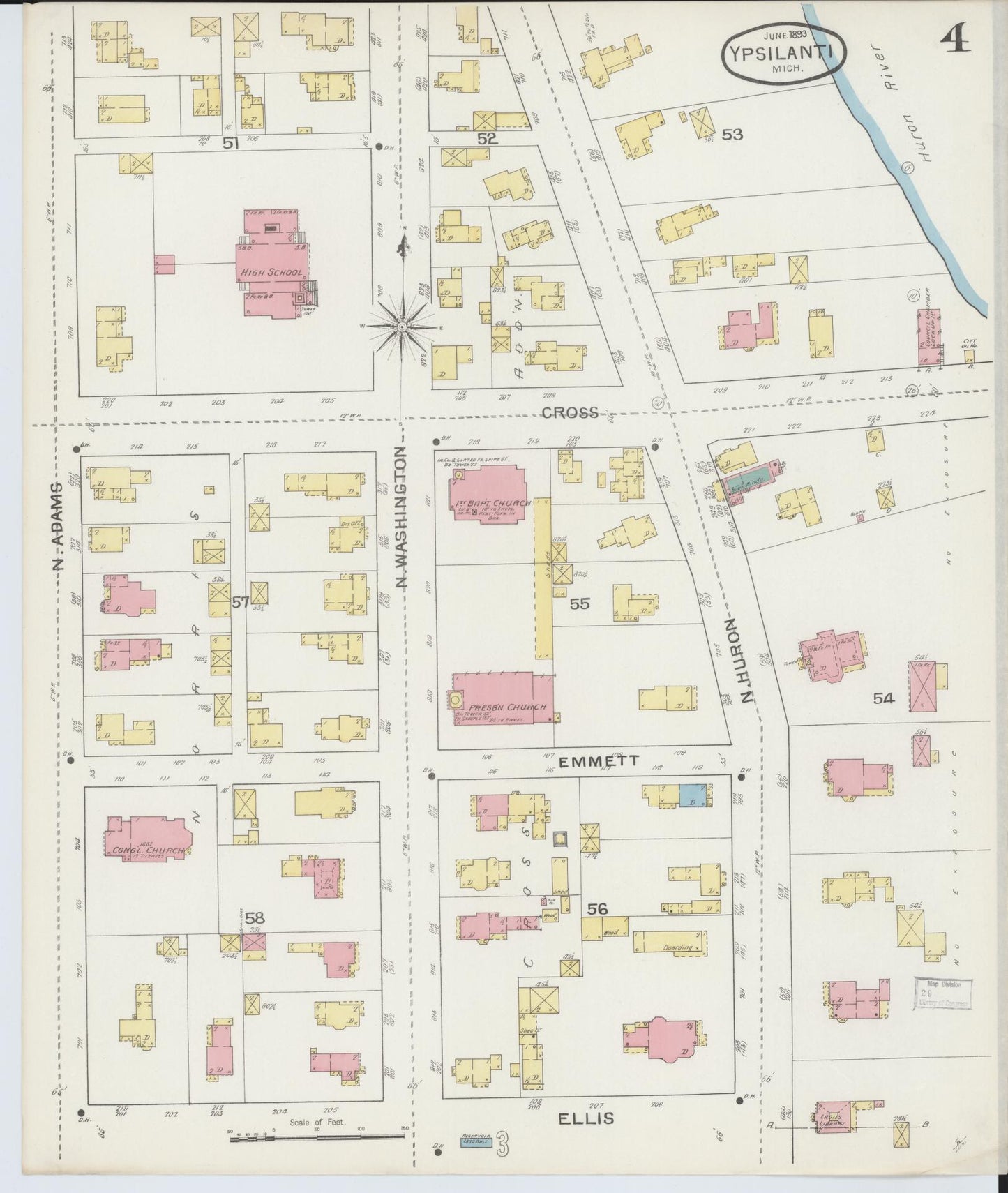 Sanborn Fire Insurance Map from Ypsilanti, Washtenaw County, Michigan (1893), Sheet #0004 - Complete Map Set gallery image, historic Sanborn map, vintage wall art, Michigan Michigan
