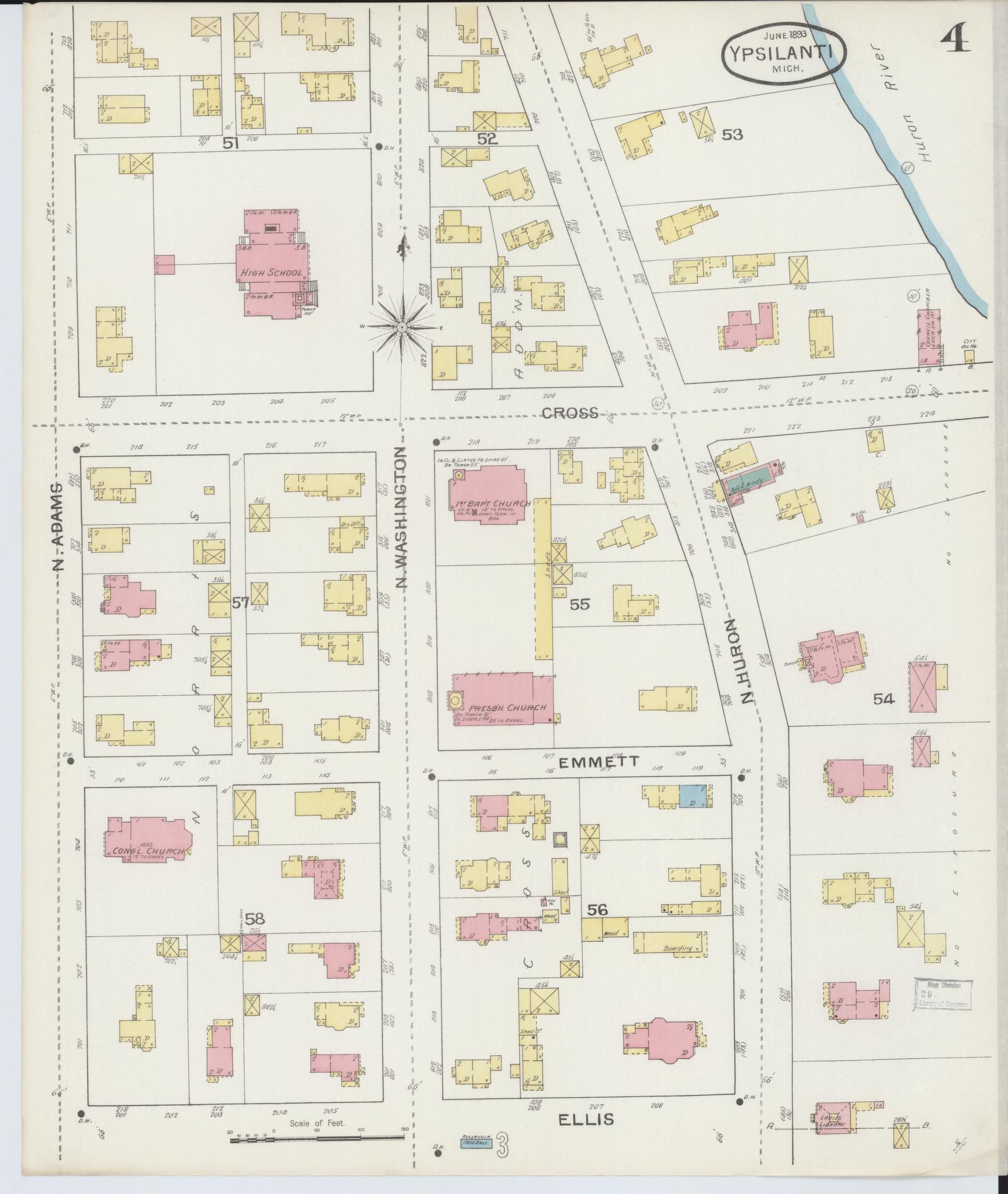 Sanborn Fire Insurance Map from Ypsilanti, Washtenaw County, Michigan (1893), Sheet #0004 - Complete Map Set gallery image, historic Sanborn map, vintage wall art, Michigan Michigan