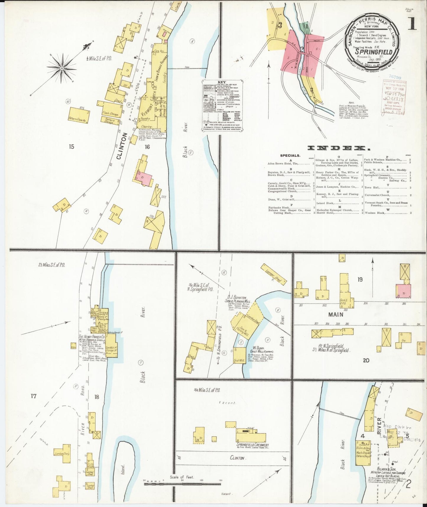 Sanborn Fire Insurance Map from Springfield, Windsor County, Vermont (1900), Sheet #0001 - Historic Sanborn Fire Insurance Map Print, vintage old map wall art, antique decor, genealogy gift, Vermont Vermont map