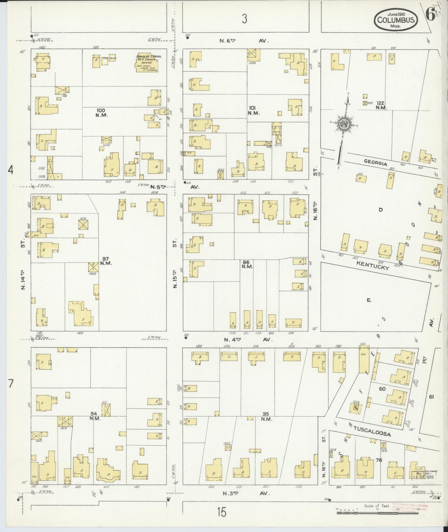 Sanborn Fire Insurance Map from Columbus, Lowndes County, Mississippi (1910), Sheet #0006 - Complete Map Set gallery image, historic Sanborn map, vintage wall art, Mississippi Mississippi