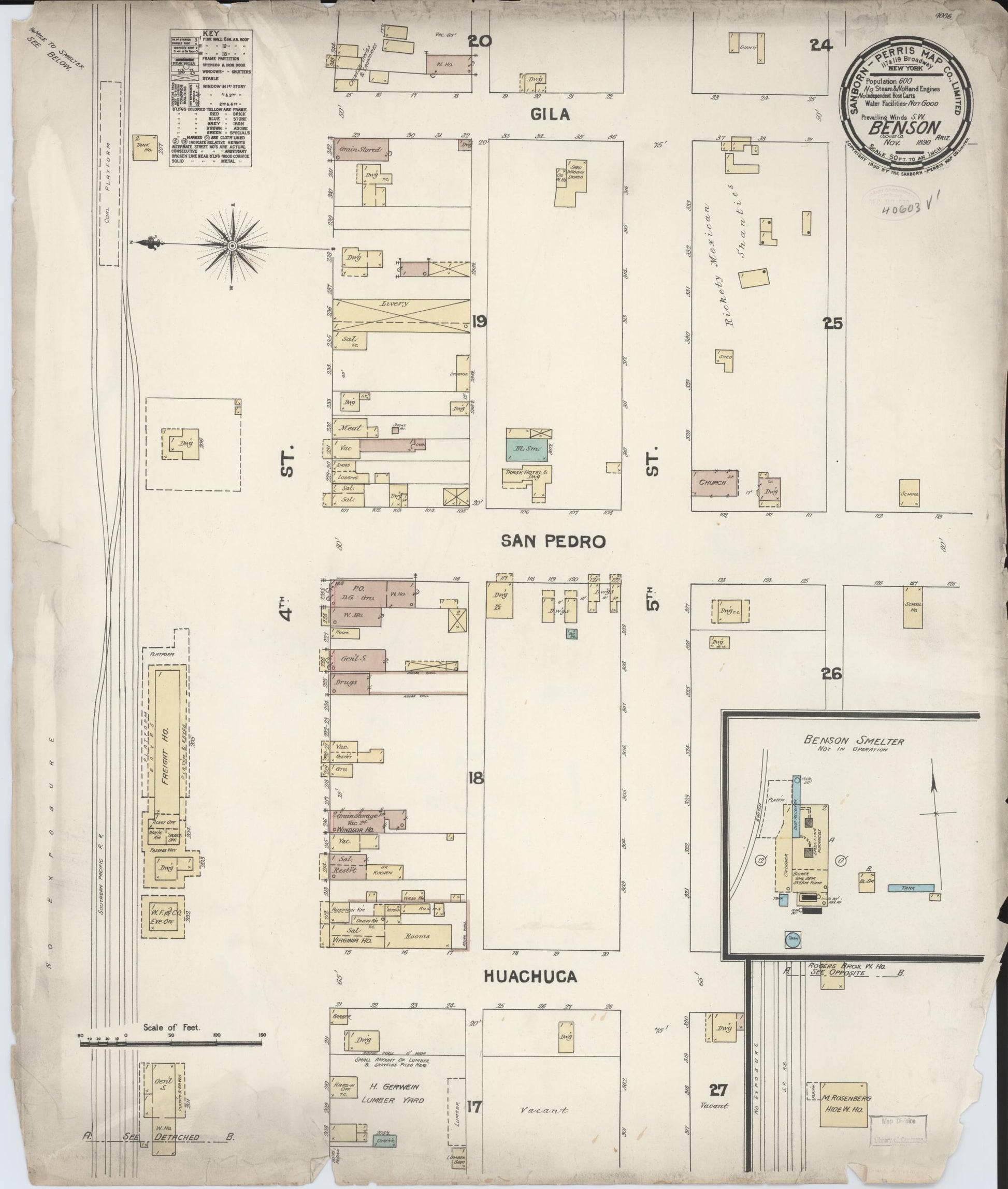 Sanborn Fire Insurance Map from Benson, Cochise County, Arizona (1890), Sheet #0001 - Historic Sanborn Fire Insurance Map Print, vintage old map wall art, antique decor, genealogy gift, Arizona Arizona map