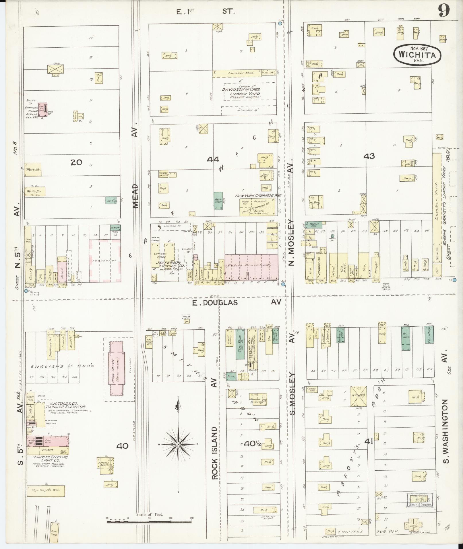 Sanborn Fire Insurance Map from Wichita, Sedgwick County, Kansas (1887), Sheet #0009 - Complete Map Set gallery image, historic Sanborn map, vintage wall art, Kansas Kansas