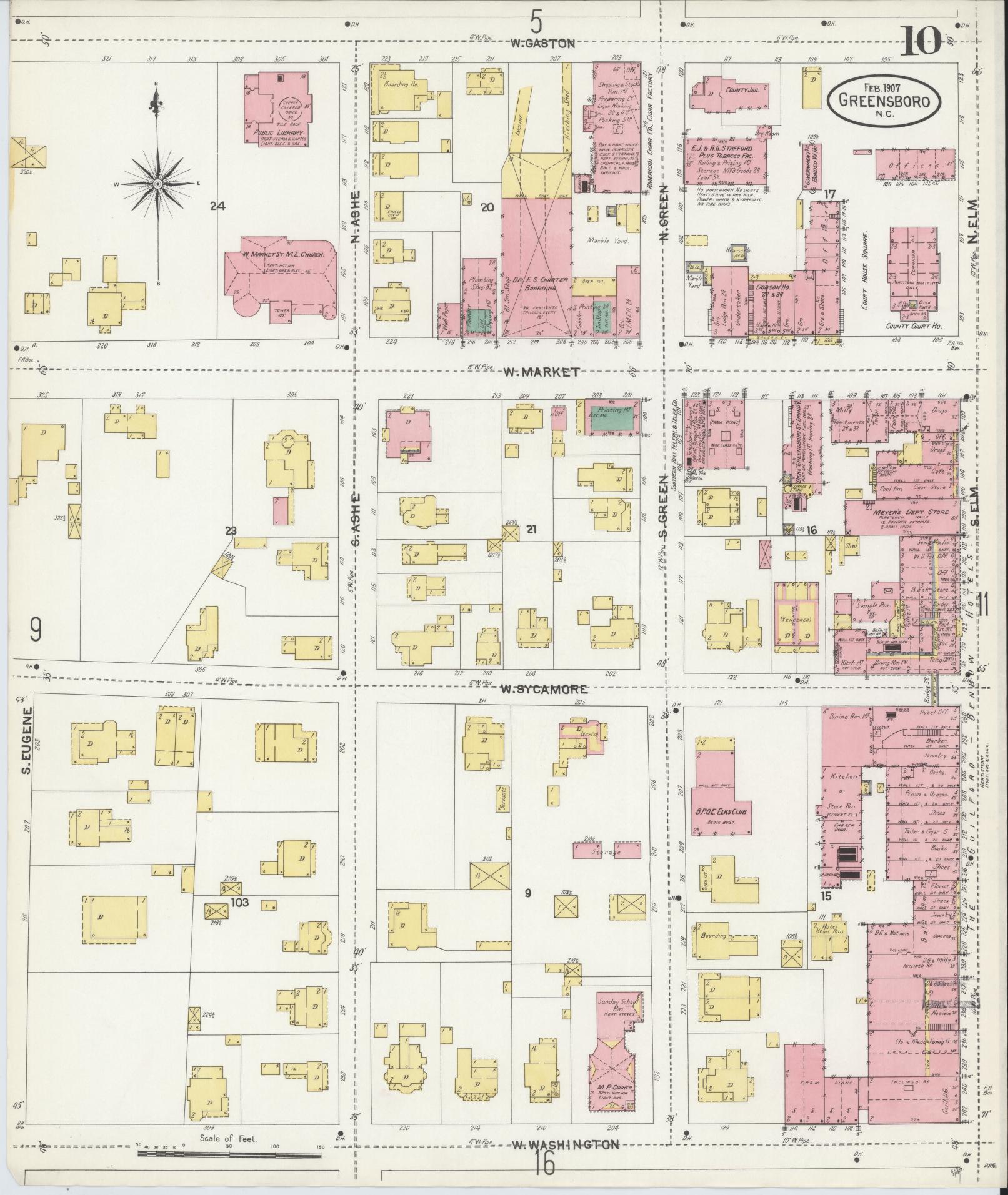 Sanborn Fire Insurance Map from Greensboro, Guilford County, North Carolina (1907), Sheet #0010 - Historic Sanborn Fire Insurance Map Print, vintage old map wall art, antique decor, genealogy gift, North Carolina North Carolina map