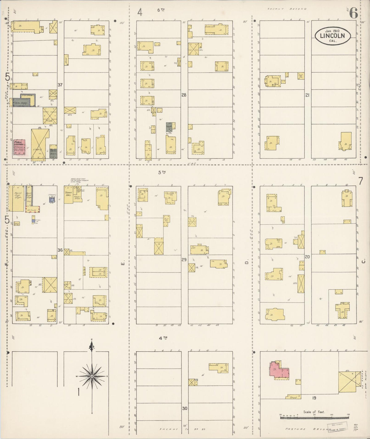Sanborn Fire Insurance Map from Lincoln, Placer County, California (1910), Sheet #0006 - Complete Map Set gallery image, historic Sanborn map, vintage wall art, California California