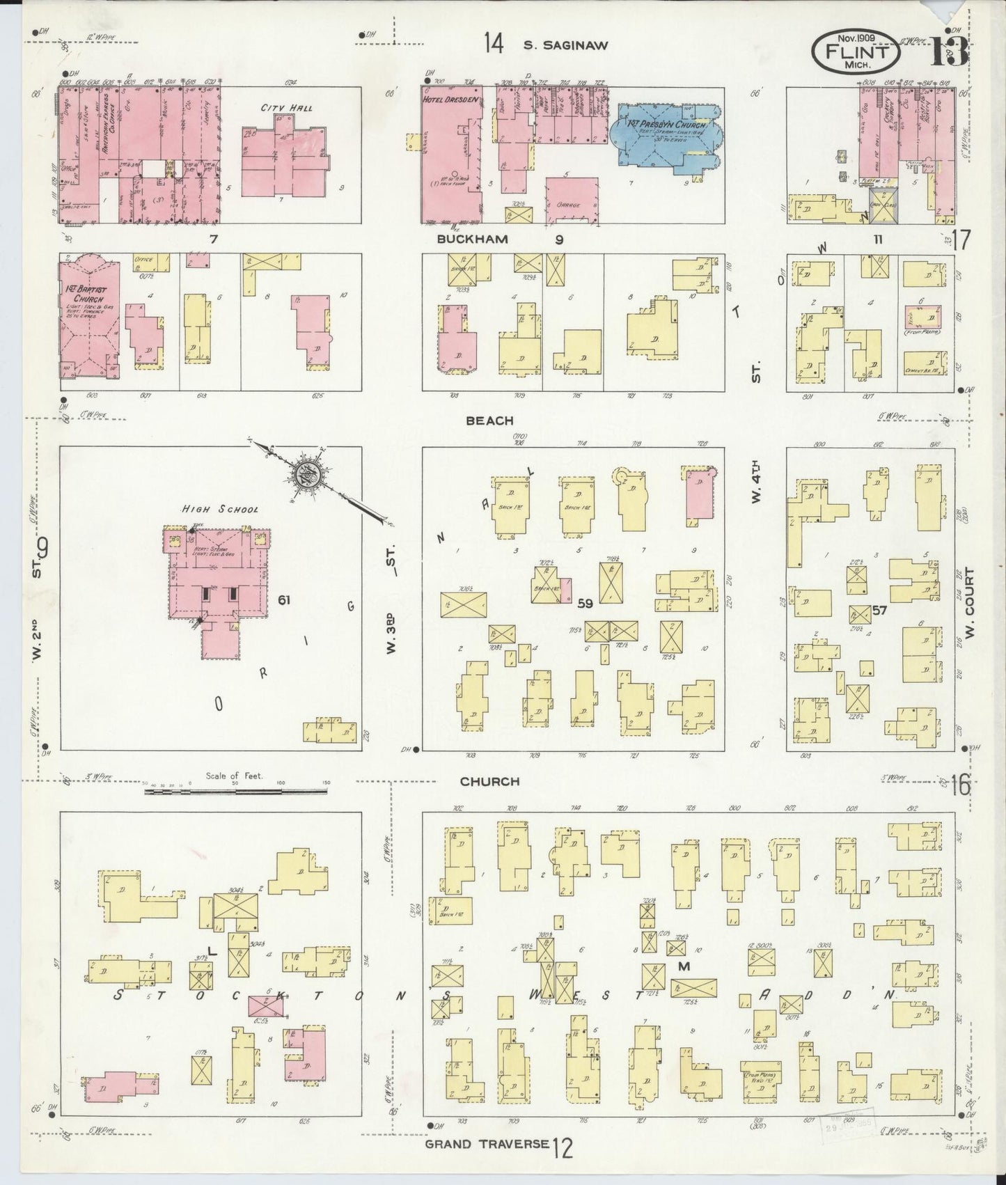 Sanborn Fire Insurance Map from Flint, Genesee County, Michigan (1909), Sheet #0013 - Historic Sanborn Fire Insurance Map Print, vintage old map wall art, antique decor, genealogy gift, Michigan Michigan map