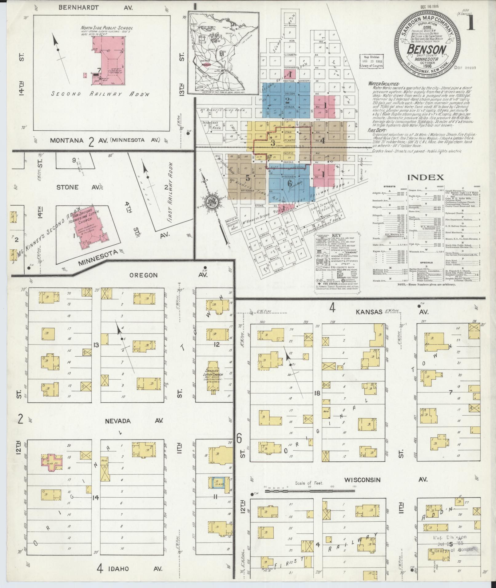 Sanborn Fire Insurance Map from Benson, Swift County, Minnesota (1916), Sheet #0001 - Historic Sanborn Fire Insurance Map Print, vintage old map wall art, antique decor, genealogy gift, Minnesota Minnesota map