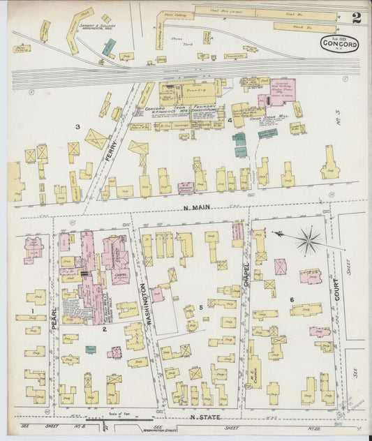 Sanborn Fire Insurance Map from Concord, Merrimack County, New Hampshire (1889), Sheet #0002 - Historic Sanborn Fire Insurance Map Print, vintage old map wall art, antique decor, genealogy gift, New Hampshire New Hampshire map