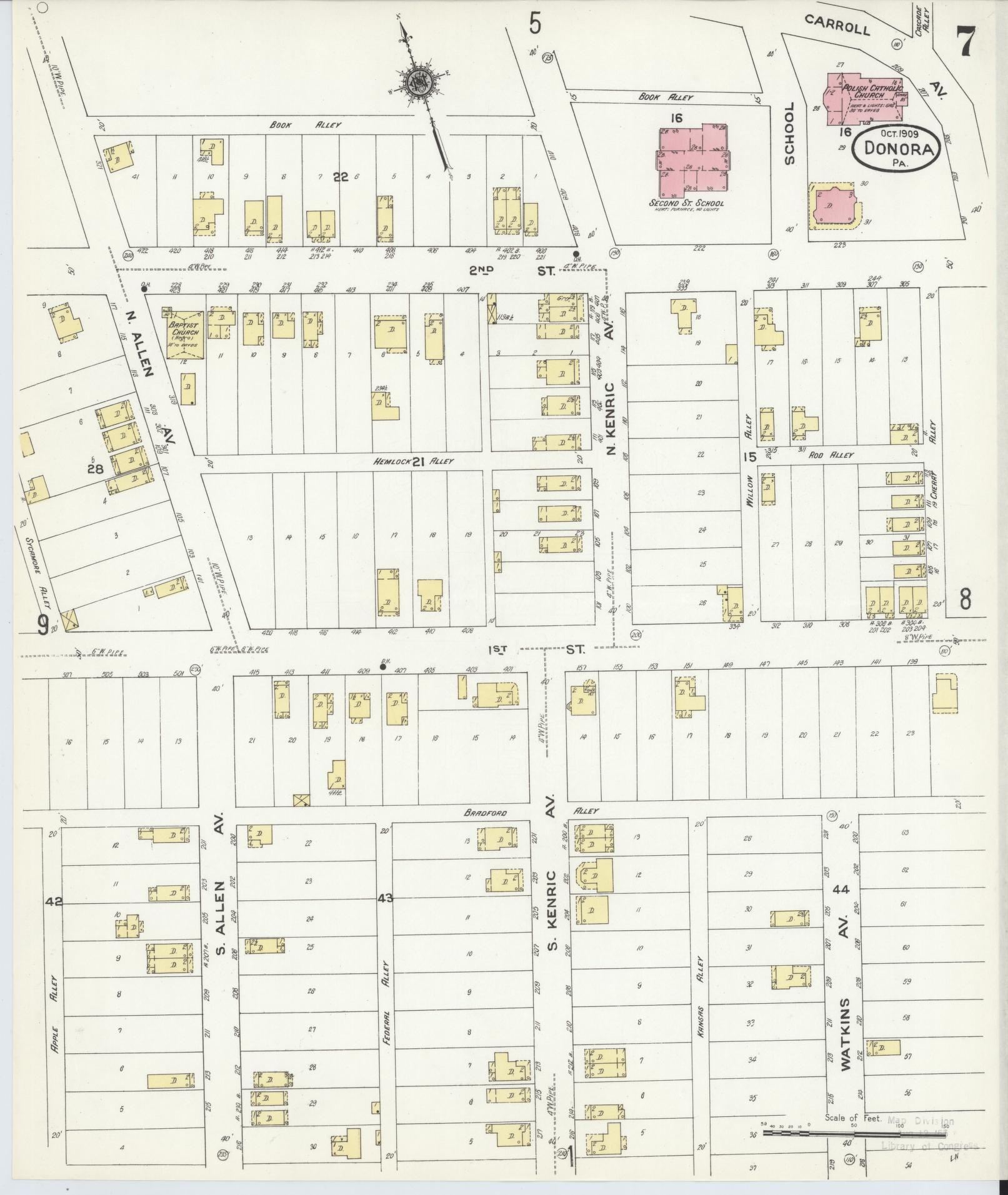Sanborn Fire Insurance Map from Donora, Washington County, Pennsylvania (1909), Sheet #0007 - Historic Sanborn Fire Insurance Map Print, vintage old map wall art, antique decor, genealogy gift, Pennsylvania Pennsylvania map