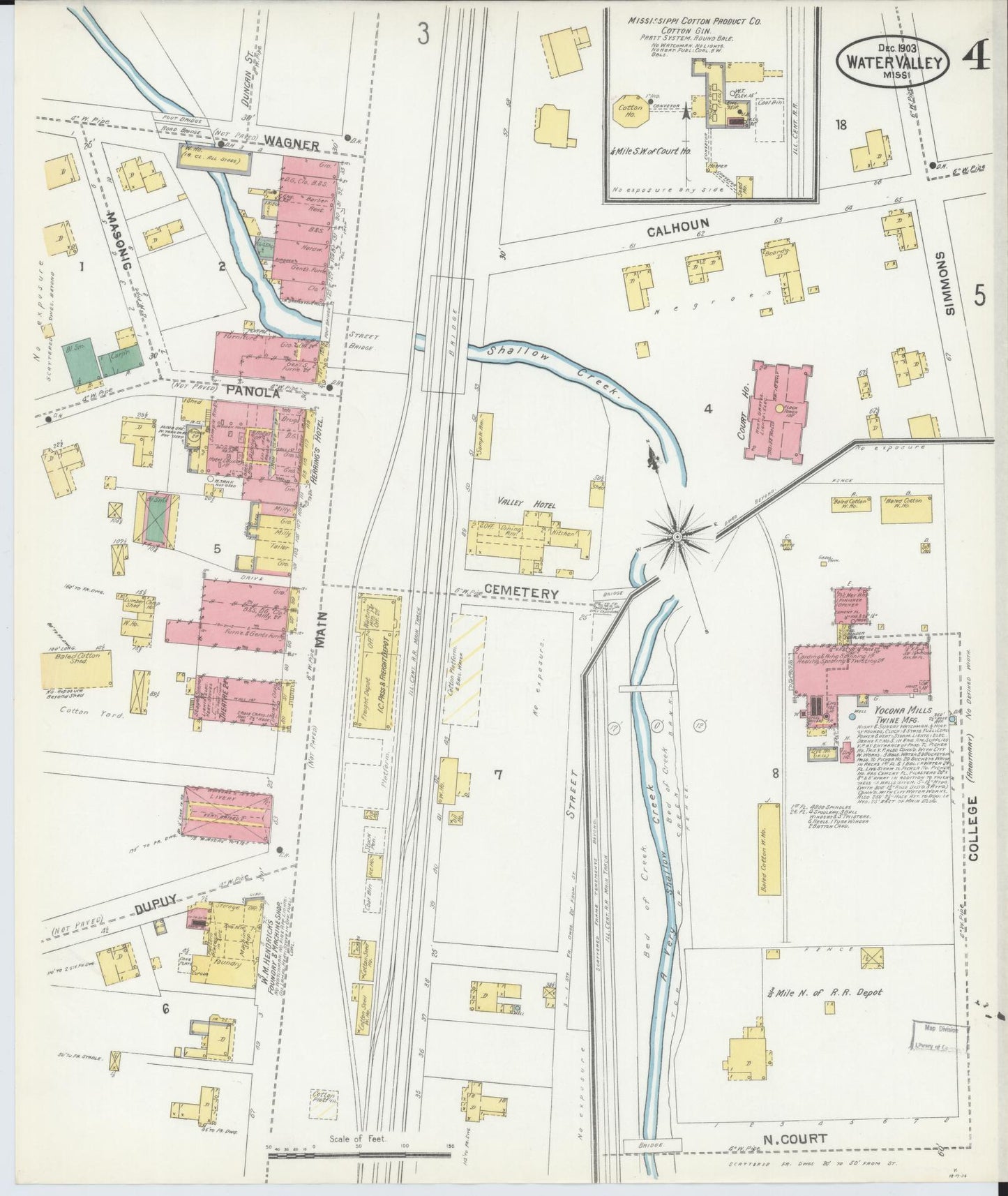 Sanborn Fire Insurance Map from Water Valley, Yalobusha County, Mississippi (1903), Sheet #0004 - Historic Sanborn Fire Insurance Map Print, vintage old map wall art, antique decor, genealogy gift, Mississippi Mississippi map