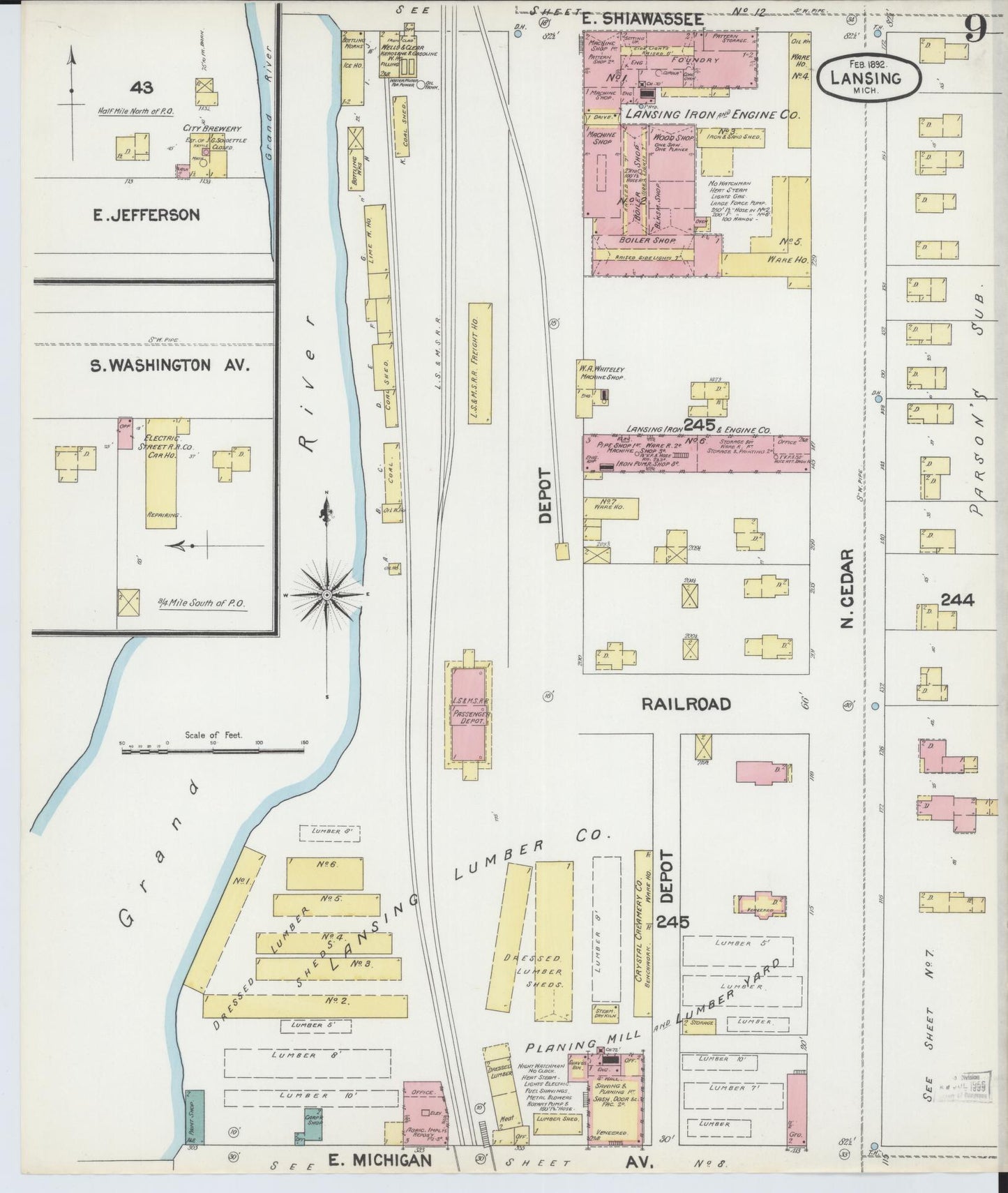 Sanborn Fire Insurance Map from Lansing, Ingham County, Michigan (1892), Sheet #0009 - Complete Map Set gallery image, historic Sanborn map, vintage wall art, Michigan Michigan