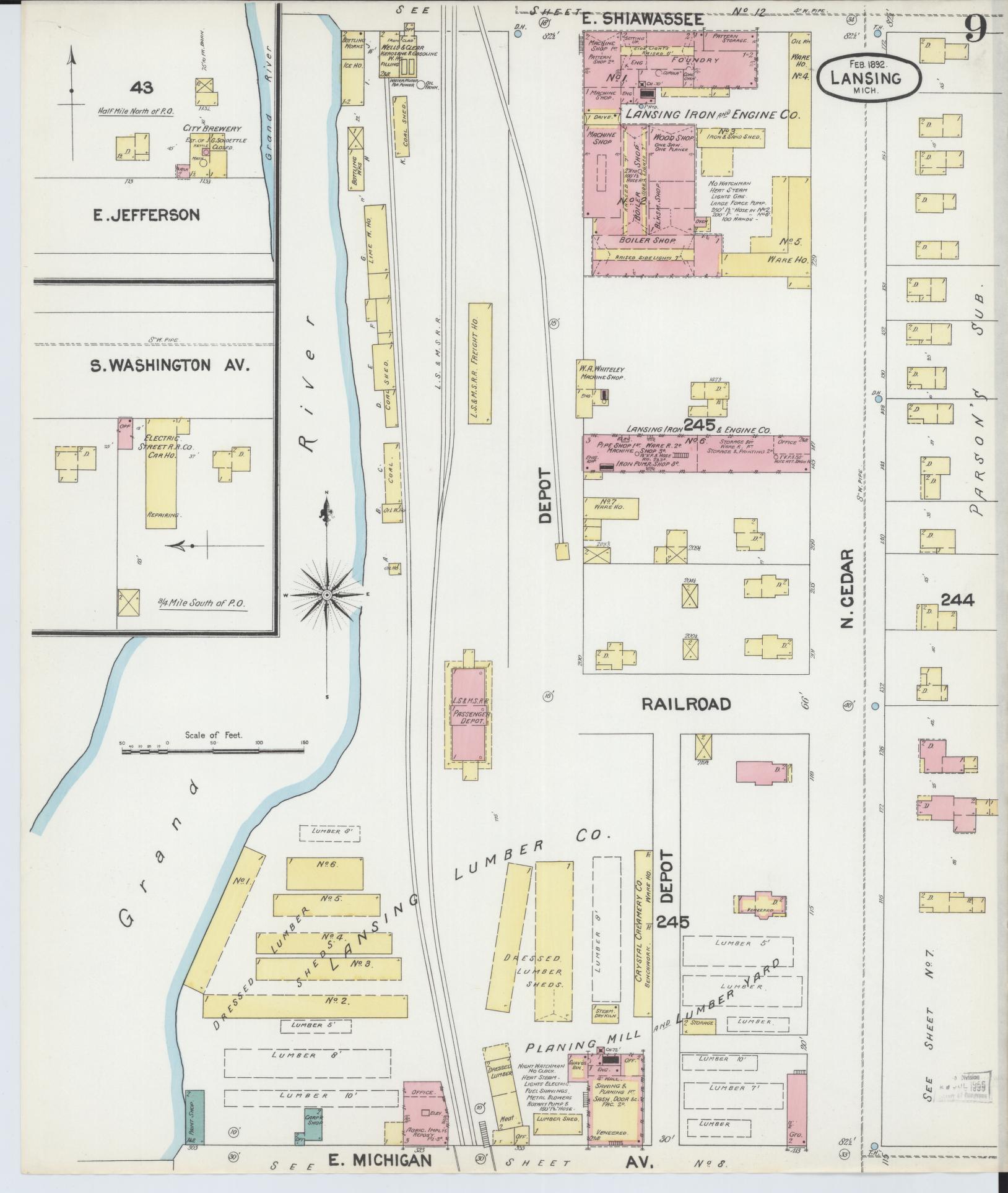 Sanborn Fire Insurance Map from Lansing, Ingham County, Michigan (1892), Sheet #0009 - Complete Map Set gallery image, historic Sanborn map, vintage wall art, Michigan Michigan