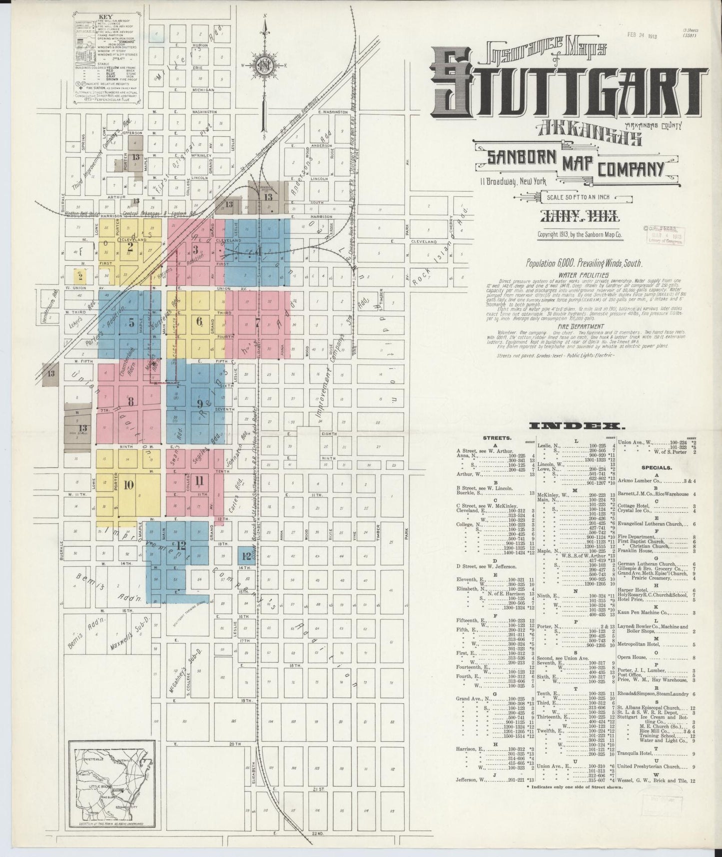 Sanborn Fire Insurance Map from Stuttgart, Arkansas County, Arkansas (1913), Sheet #0001 - Historic Sanborn Fire Insurance Map Print, vintage old map wall art, antique decor, genealogy gift, Stuttgart Arkansas map