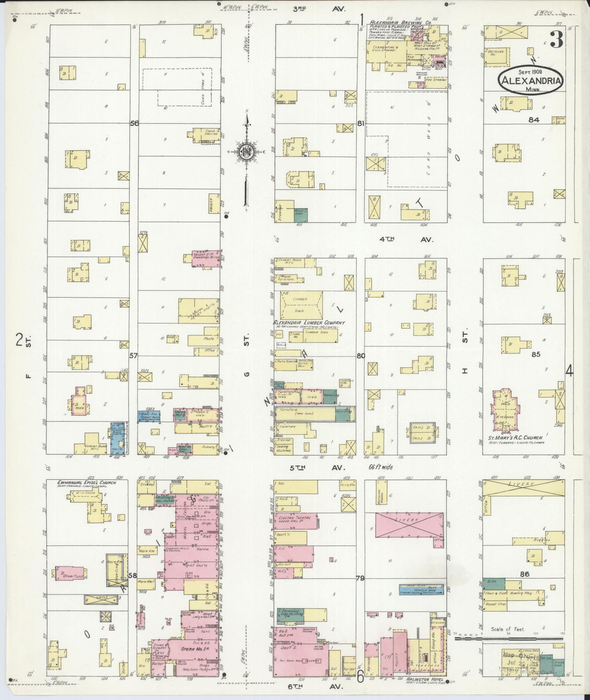 Sanborn Fire Insurance Map from Alexandria, Douglas County, Minnesota (1909), Sheet #0003 - Historic Sanborn Fire Insurance Map Print, vintage old map wall art, antique decor, genealogy gift, Minnesota Minnesota map