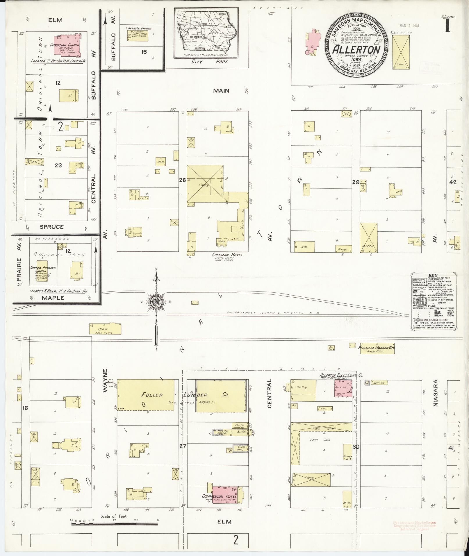 Sanborn Fire Insurance Map from Allerton, Wayne County, Iowa (1913), Sheet #0001 - Historic Sanborn Fire Insurance Map Print, vintage old map wall art